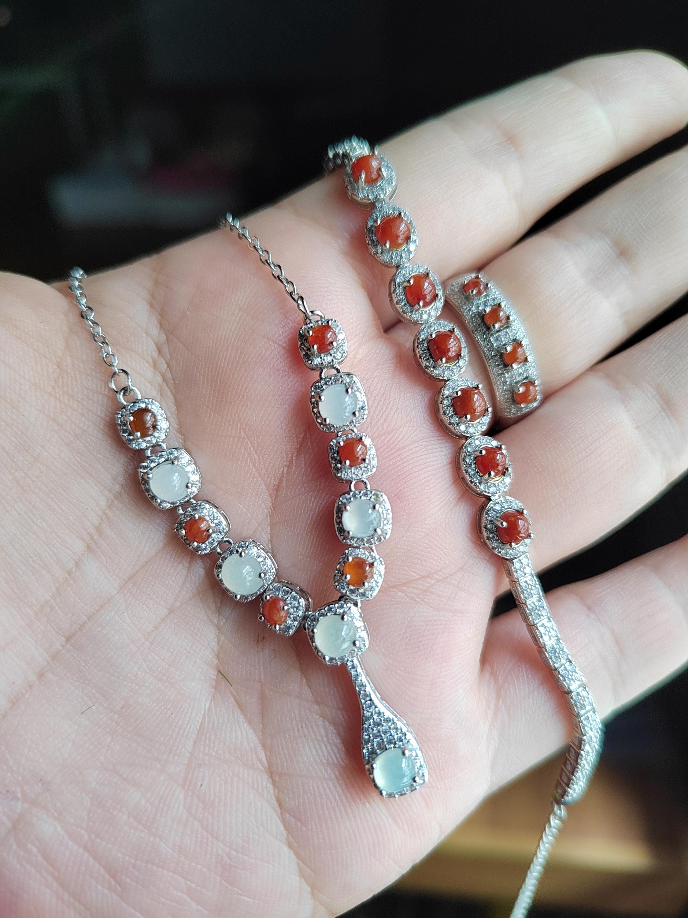 Women 3 pcs Set Necklaces, Bracelets, Ring  Elegant Burmese A Grade Red/white Icy Natural Jadeite Zirconia Stone S925 Silver For Her SL131 - SL Precious