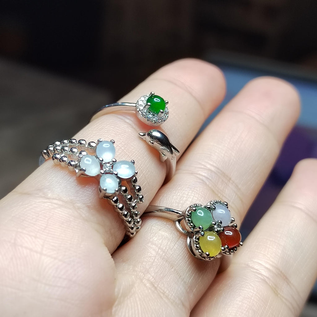 3pcs Set Natural Burmese Jadeite Rings | Four-Color Lucky Flower, Dolphin Green Jade, White Flower Design | Adjustable S925 Silver SL409