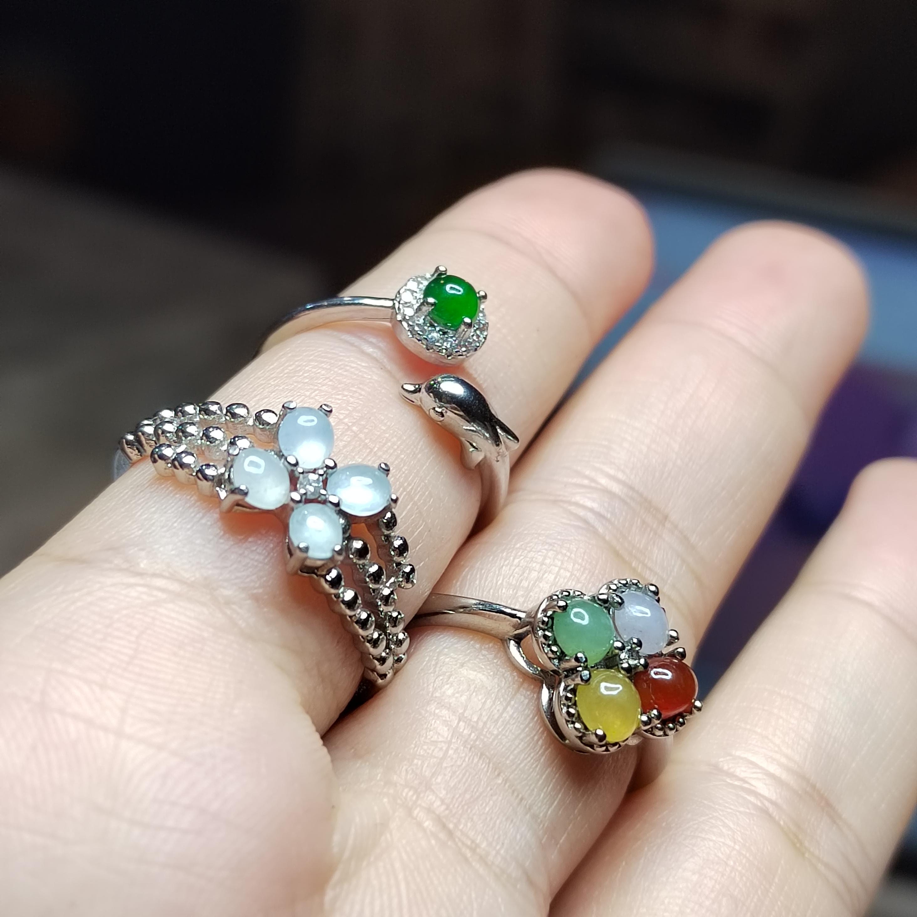 3pcs Set Natural Burmese Jadeite Rings | Four-Color Lucky Flower, Dolphin Green Jade, White Flower Design | Adjustable S925 Silver SL409