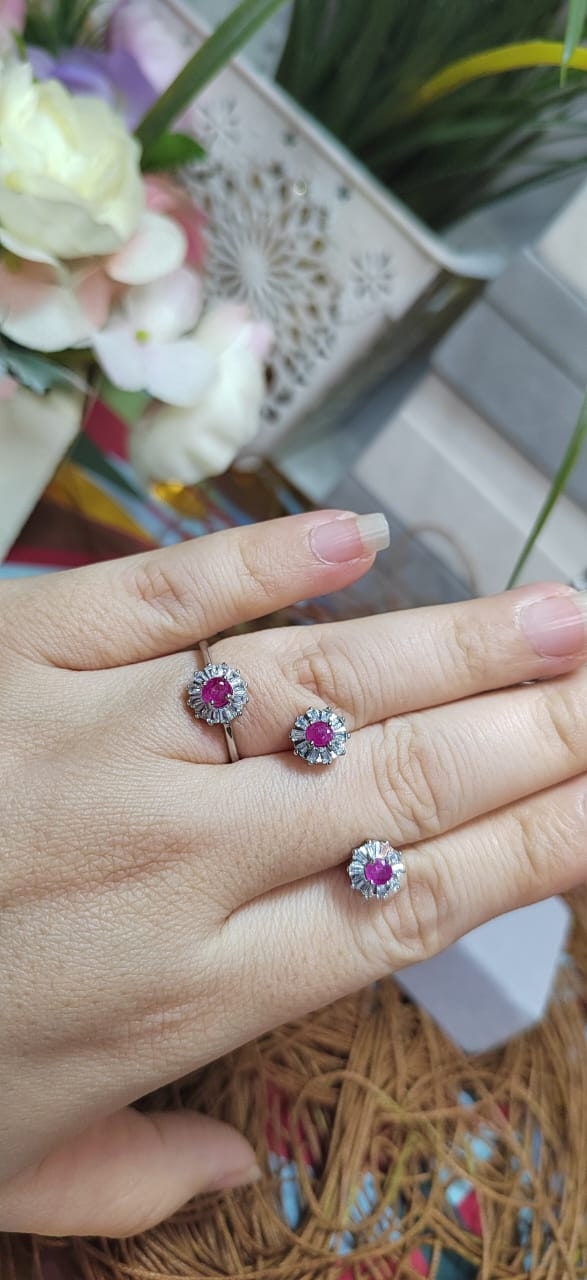 Untreated Natural Mogok Burmese Ruby with Zirconia Accent S925 Silver Earring & Ring Set SL055
