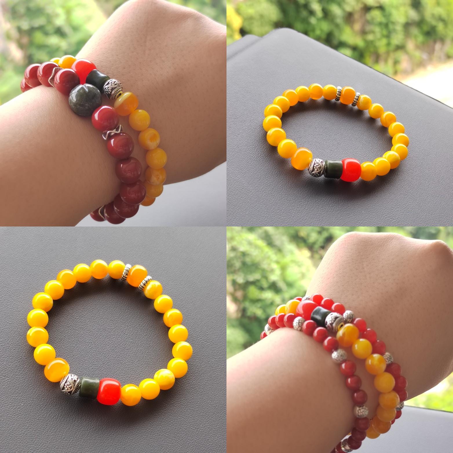 Handmade Russia Baltic Beeswax Amber Bead Bracelet with Nanhong Agate S999 Silver Bead Bracelet 2pcs Set SL344