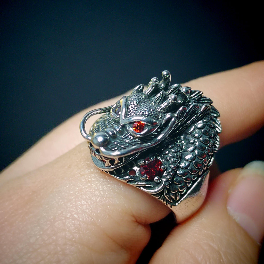 Large 925 Sterling Silver Dragon Ring | Red Zircon Accent | Thai Trend Design SL232 - SL Precious