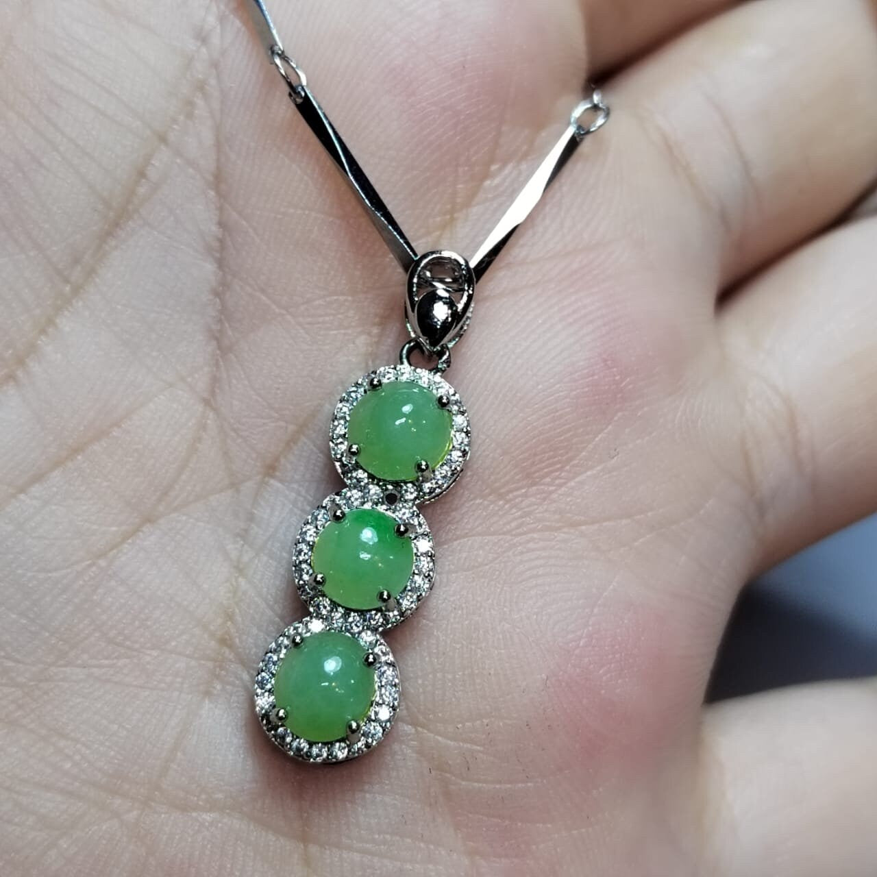 Burmese Jadeite Pendant on 925 Silver Chain - Glowing Trinity Design with Zirconia Accent SL038