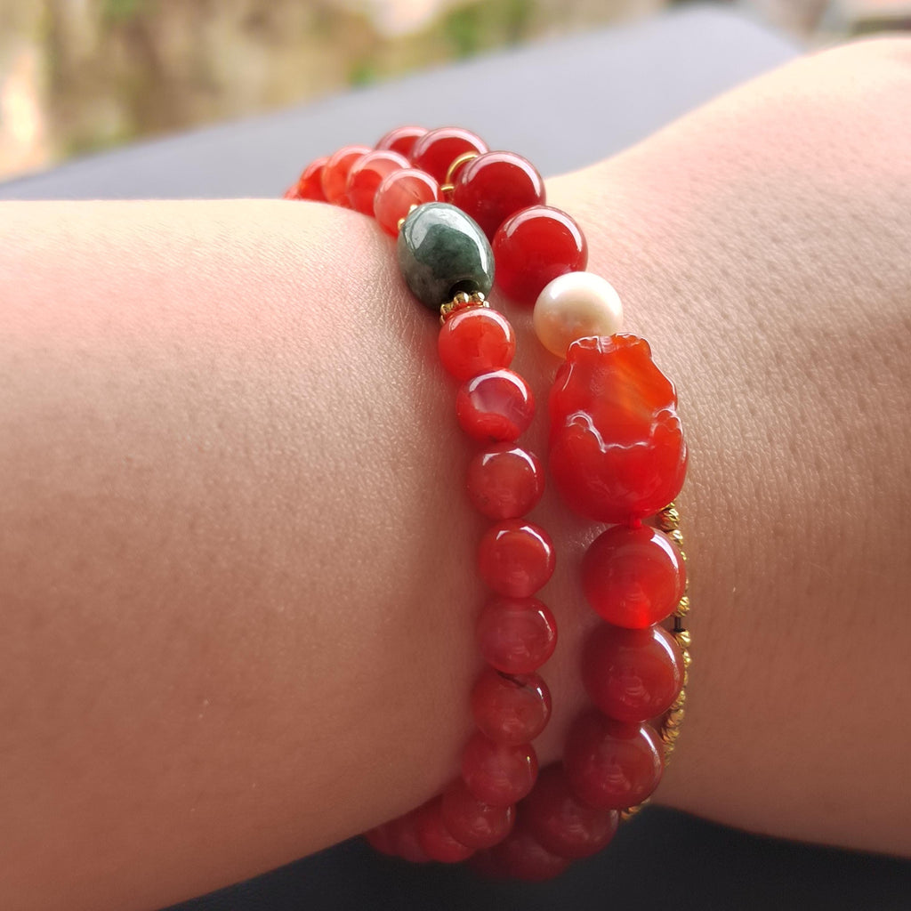 Certified Natural Untreated China Baoshan Southern Red Oily Nanhong Agate Brave Troops Bead, Fresh Water Pearl l, S925 Leaf Bracelet SL281