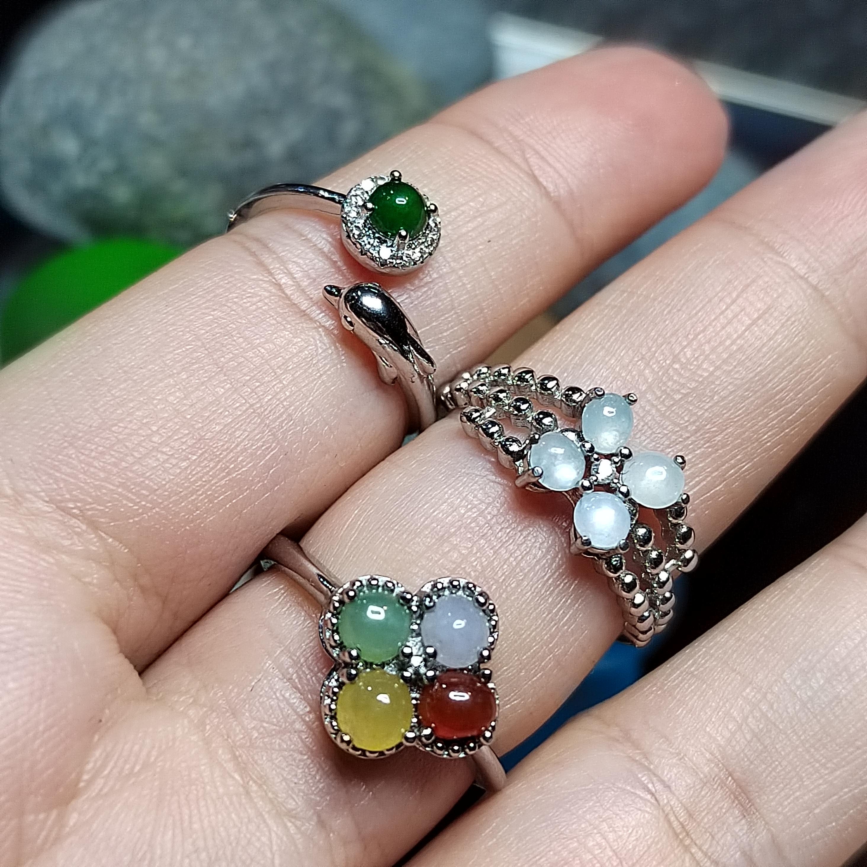 3pcs Set Natural Burmese Jadeite Rings | Four-Color Lucky Flower, Dolphin Green Jade, White Flower Design | Adjustable S925 Silver SL409