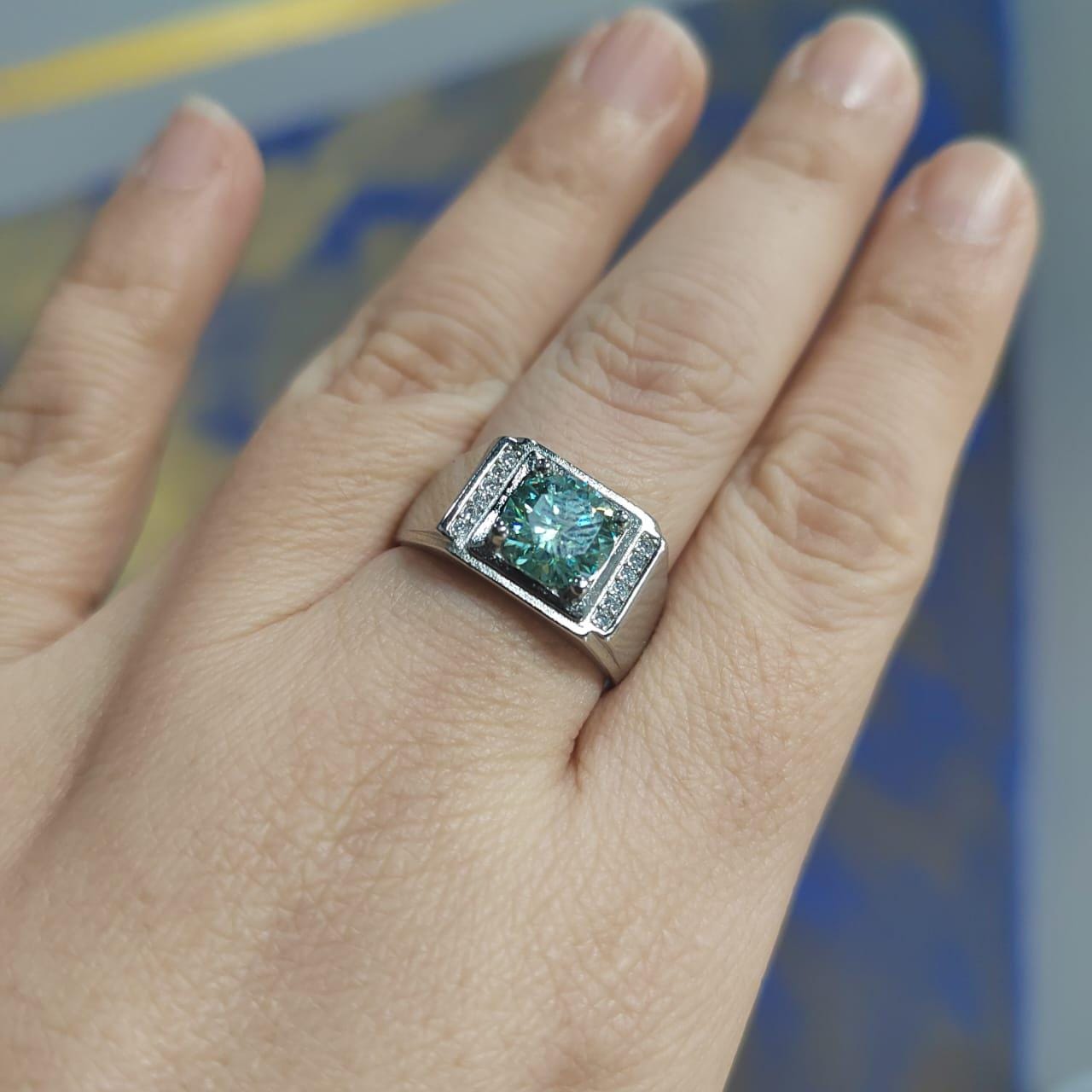 Light Blue Moissanite with Zircon Accent Couple Rings Set S925 Silver Plated with 18K White Gold for Wedding, Anniversary, Engagement SL081 - SL Precious