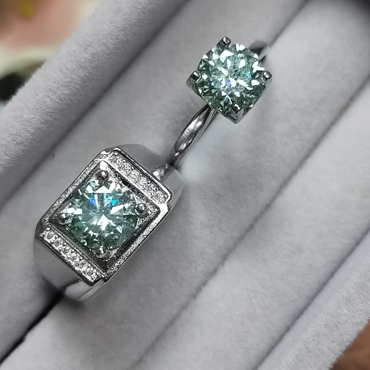 Light Blue Moissanite with Zircon Accent Couple Rings Set S925 Silver Plated with 18K White Gold for Wedding, Anniversary, Engagement SL081 - SL Precious