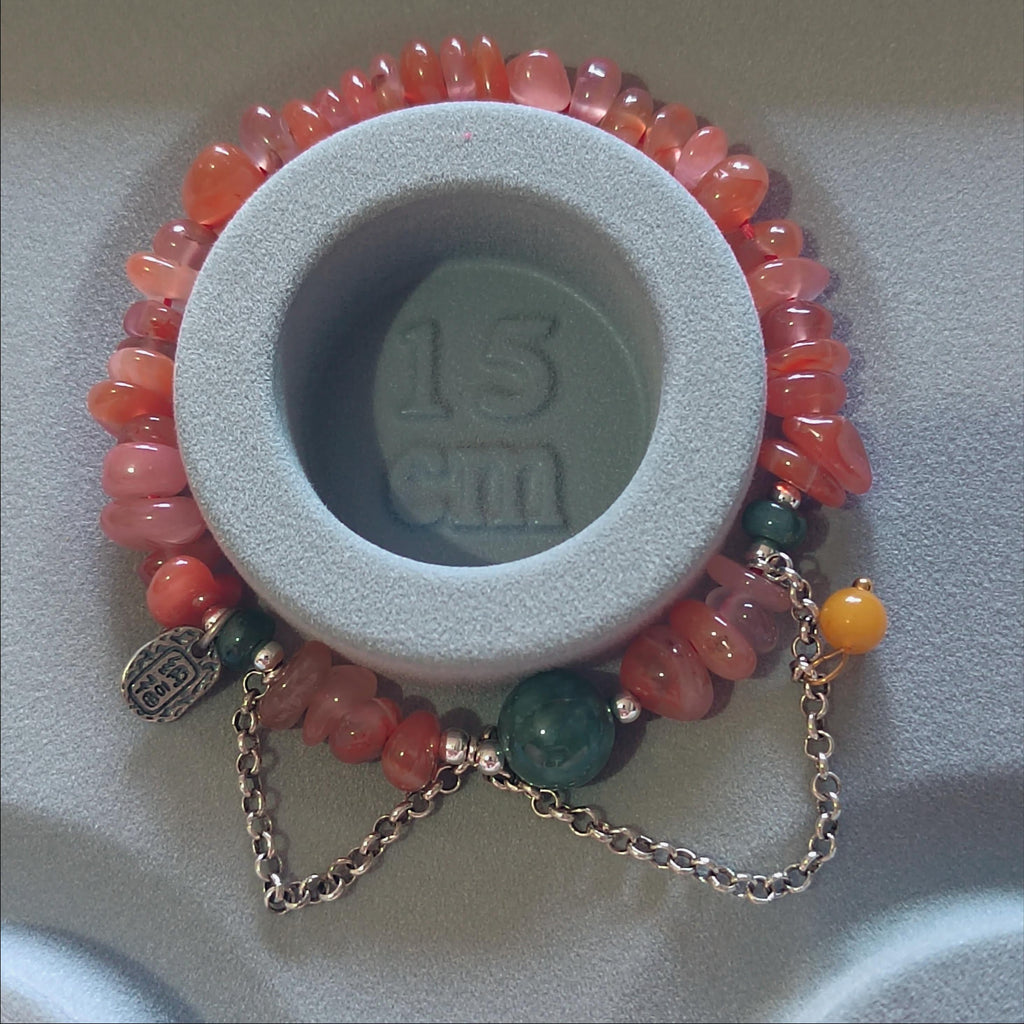 Natural Handmade China Icy Uneven Cut Orange Red Nanhong Agate, Beeswax Amber & Burmese Jadeite Bead Bracelet Jewelry SL326