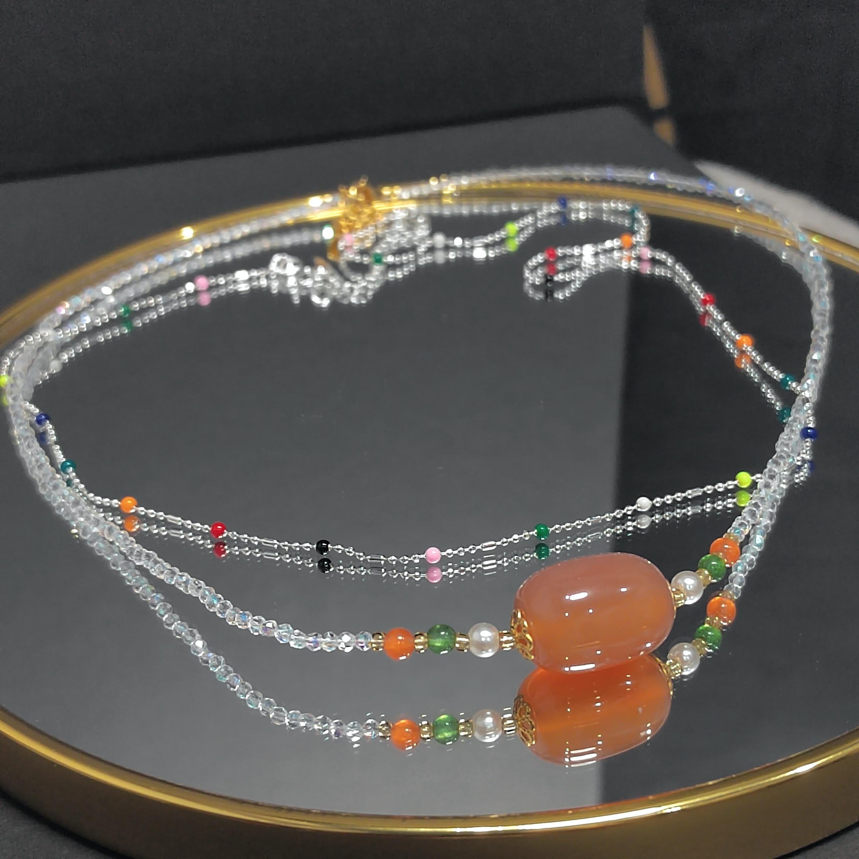 2pcs Set Natural Yanyuan Agate Clean Quartz Bead Necklaces & S9999 Pure Silver Colorful Beads Design SL299
