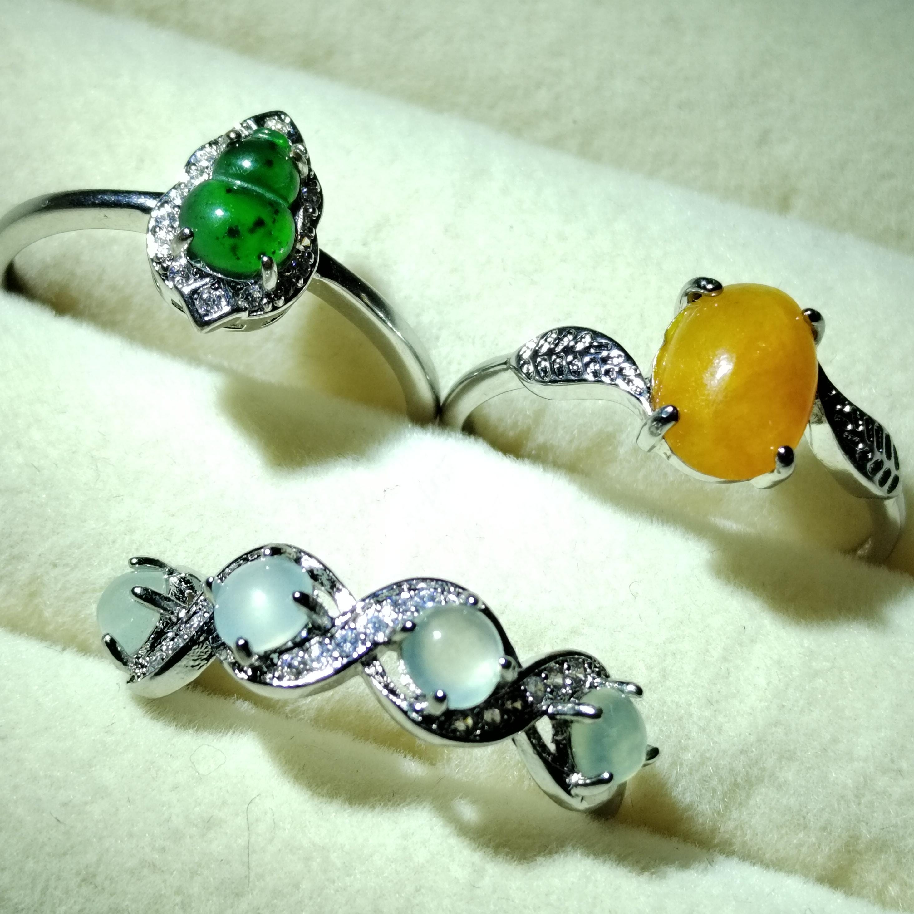3pcs Natural Untreated Burmese Jadeite Ring Set | Imperial Green, Honey Yellow, Icy White | S925 Silver | No Cert | SL406