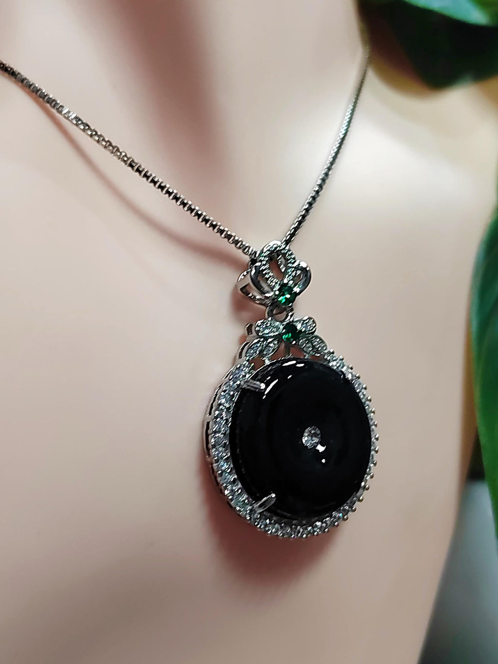 Certified A-Grade Necklace Natural Gemstone Untreated Black Ink Donut Shape Jadeite Zirconia Accents on 18K White Gold For Her Gifts SL059 - SL Precious