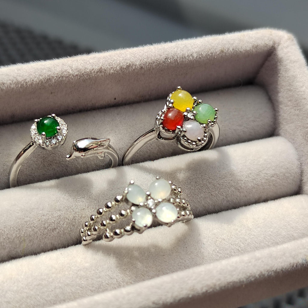 3pcs Set Natural Burmese Jadeite Rings | Four-Color Lucky Flower, Dolphin Green Jade, White Flower Design | Adjustable S925 Silver SL409