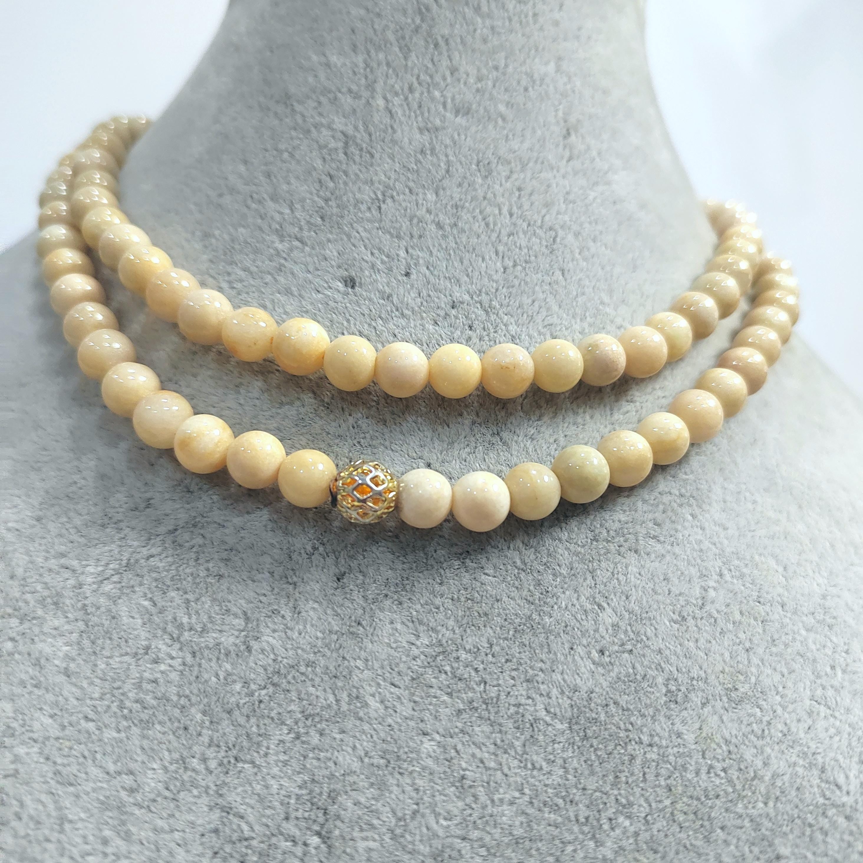 Certified A-Grade Natural Untreated Burmese Creamy Yellow Beads 77cm Long Jadeite Necklaces 7mm SL365A