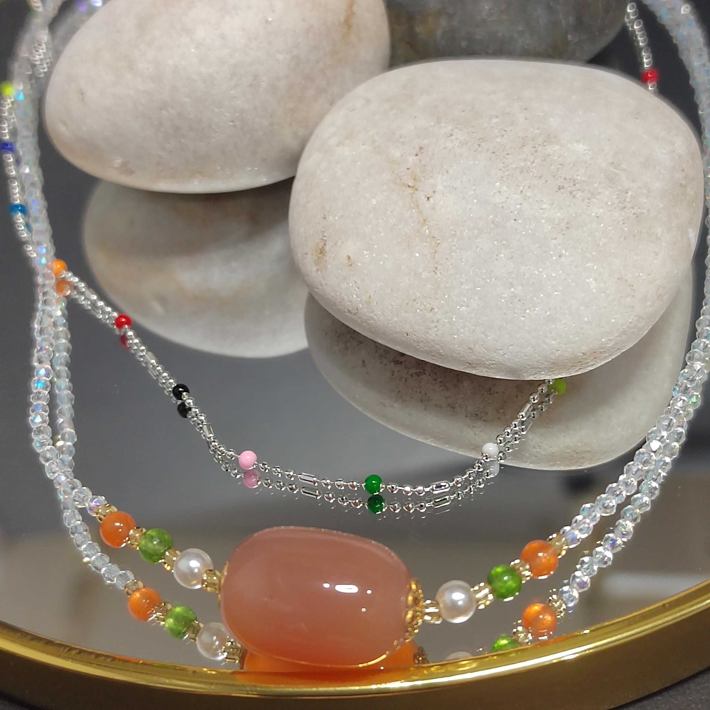 2pcs Set Natural Yanyuan Agate Clean Quartz Bead Necklaces & S9999 Pure Silver Colorful Beads Design SL299