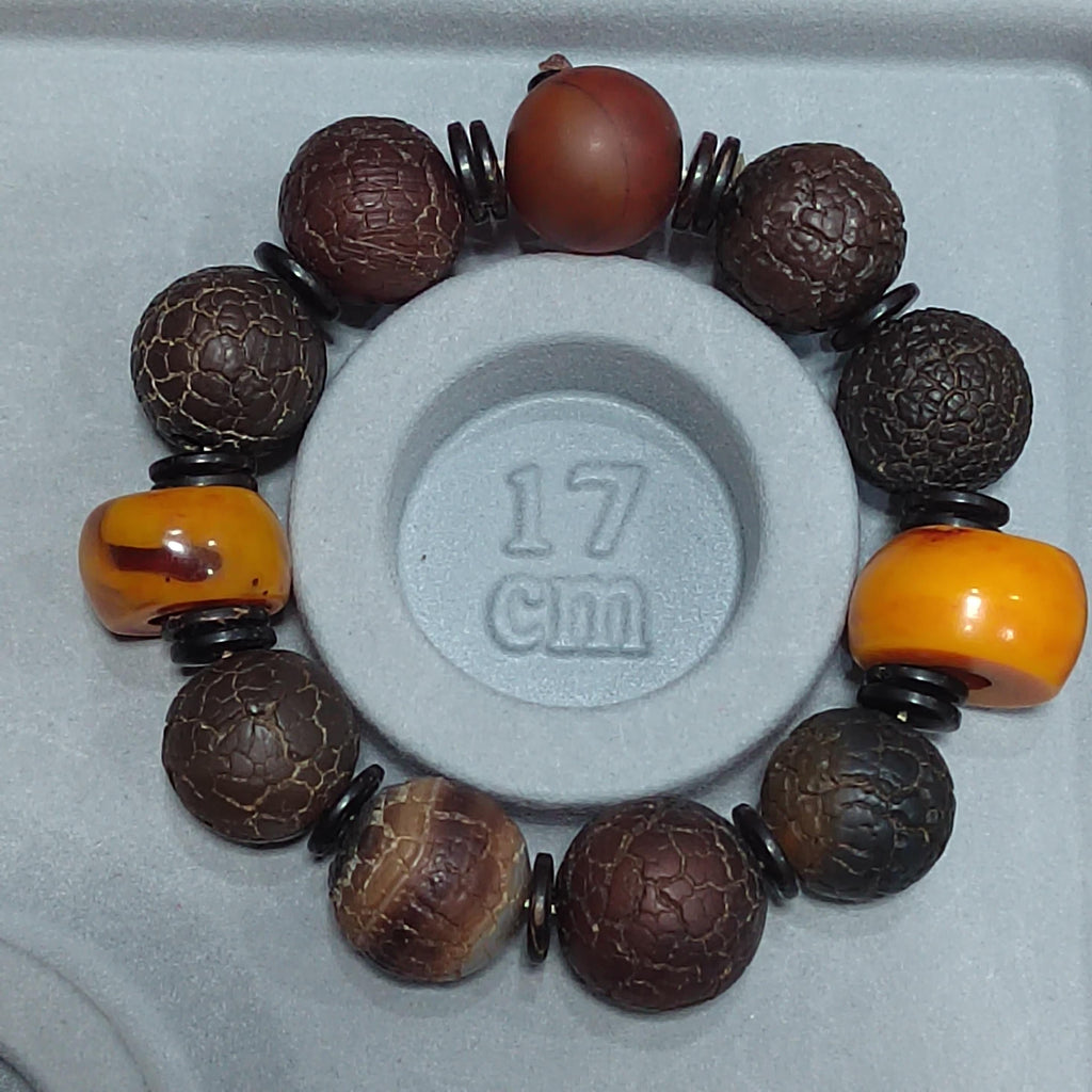 Unique Design Matte Surfaces Old Wax Shell Agate with Beeswax Amber Large Beads Bracelet 玛瑙老蜡壳蜜蜡独特的哑光手串 SL127 - SL Precious