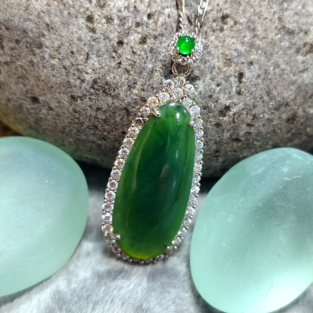 Certified Natural Burmese Apple Green Jadeite Teardrop Necklace | 18K White Gold SL063 - SL Precious