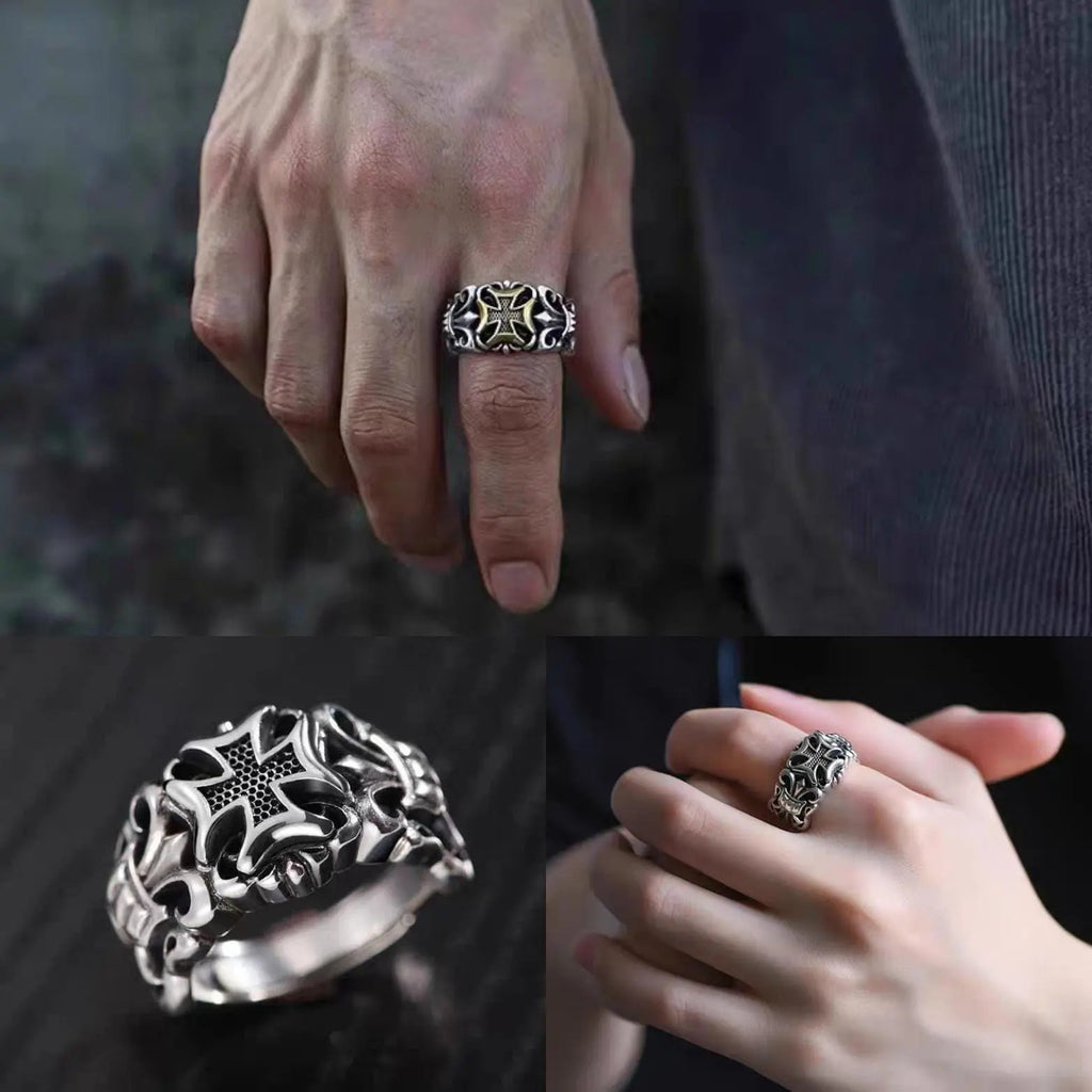 Three images show a silver ring with a cross design. The ring is worn on a finger in two of the images. The third image shows the ring on a dark surface.