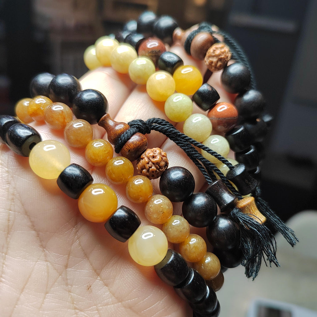 Burmese Yellow Jadeite Bracelet Set: HuangLong Jade & Ebony Wood SL423
