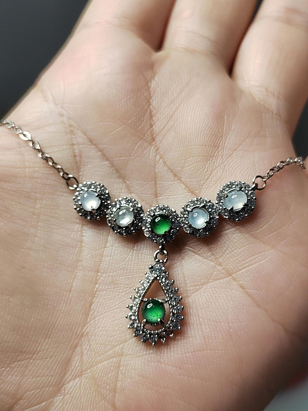 Natural Untreated A-Grade Icy White Apple Green Jadeite V-Neck Necklace | Zircon Accents SL011 - SL Precious
