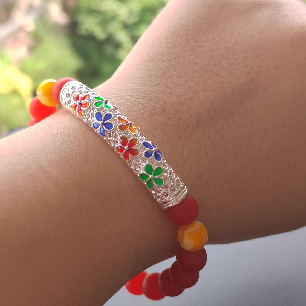 Natural Southern Nanhong Agate Matte, Russia Baltic Beeswax Amber, S9999 Silver Plated Tube Enamel Craftsmanship Bracelet SL334