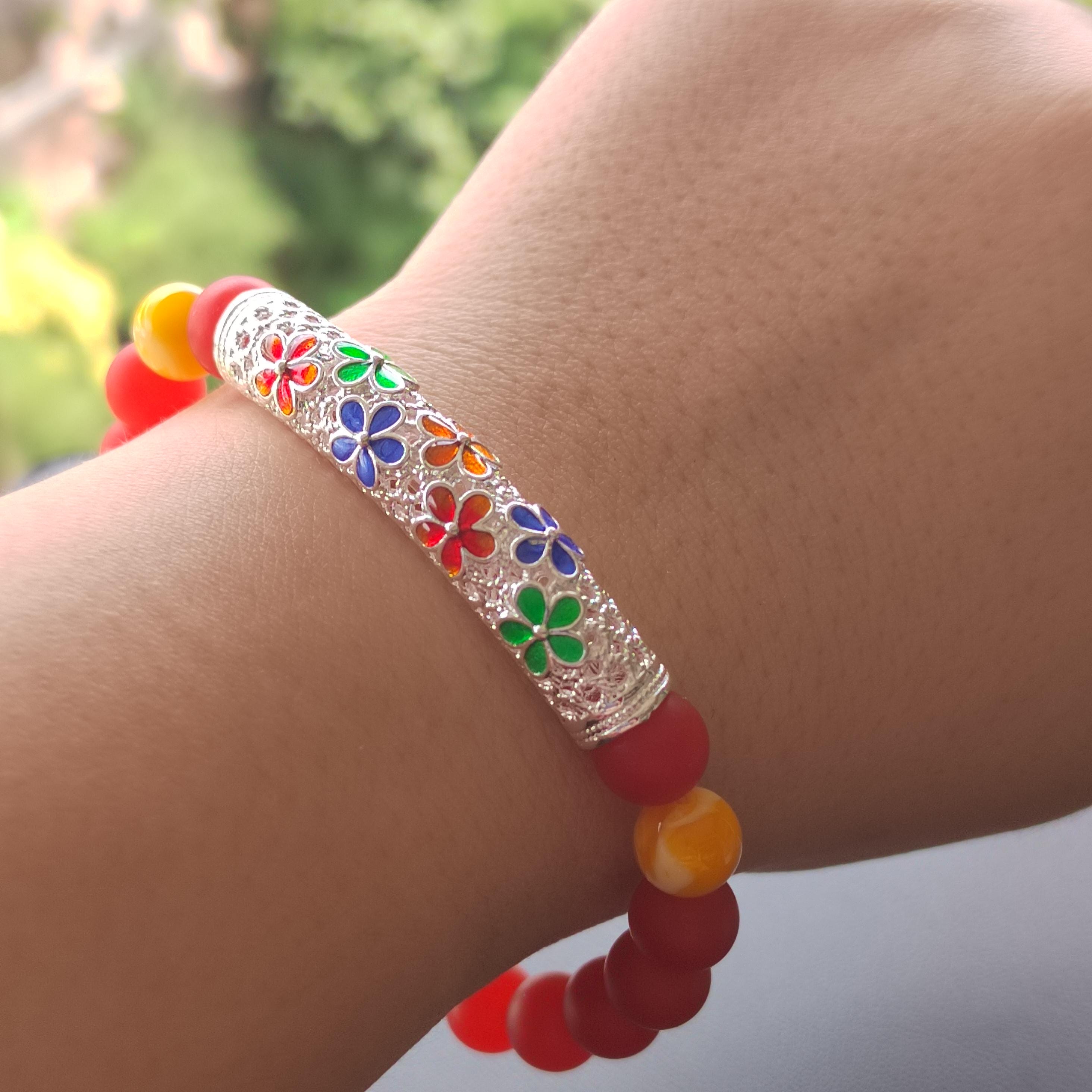 Natural Southern Nanhong Agate Matte, Russia Baltic Beeswax Amber, S9999 Silver Plated Tube Enamel Craftsmanship Bracelet SL334