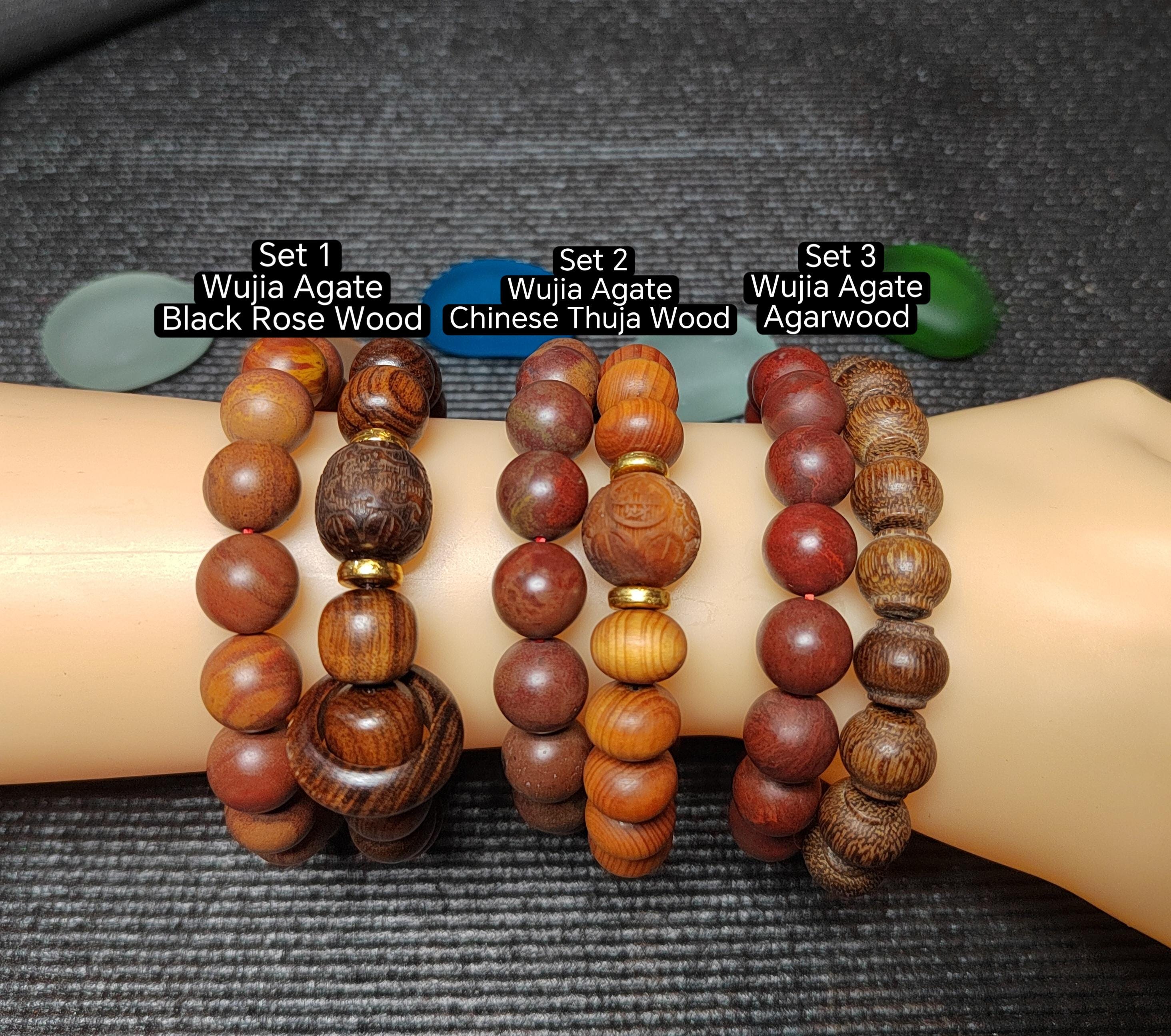 2pcs Set Unisex Natural Wood & Aromatic Bead Bracelets | Ebony Thuja with South Red Agate Accent | Handmade Gift for Him or Her SL416