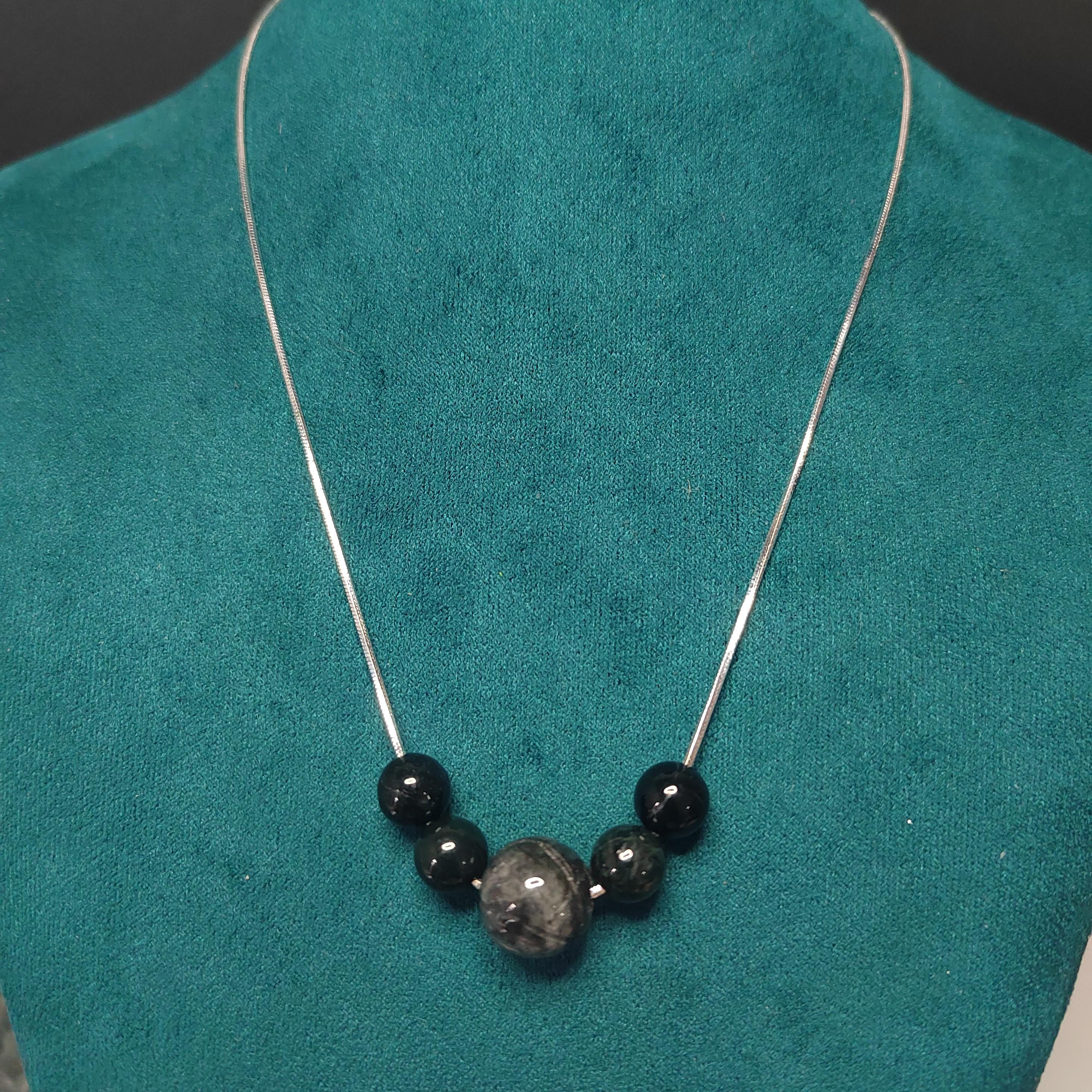 Natural Burmese Black Ink Wuji Jadeite Necklace | Minimalist Design | S9999  Silver Filled Vermeil Adjustable Chain | SL332