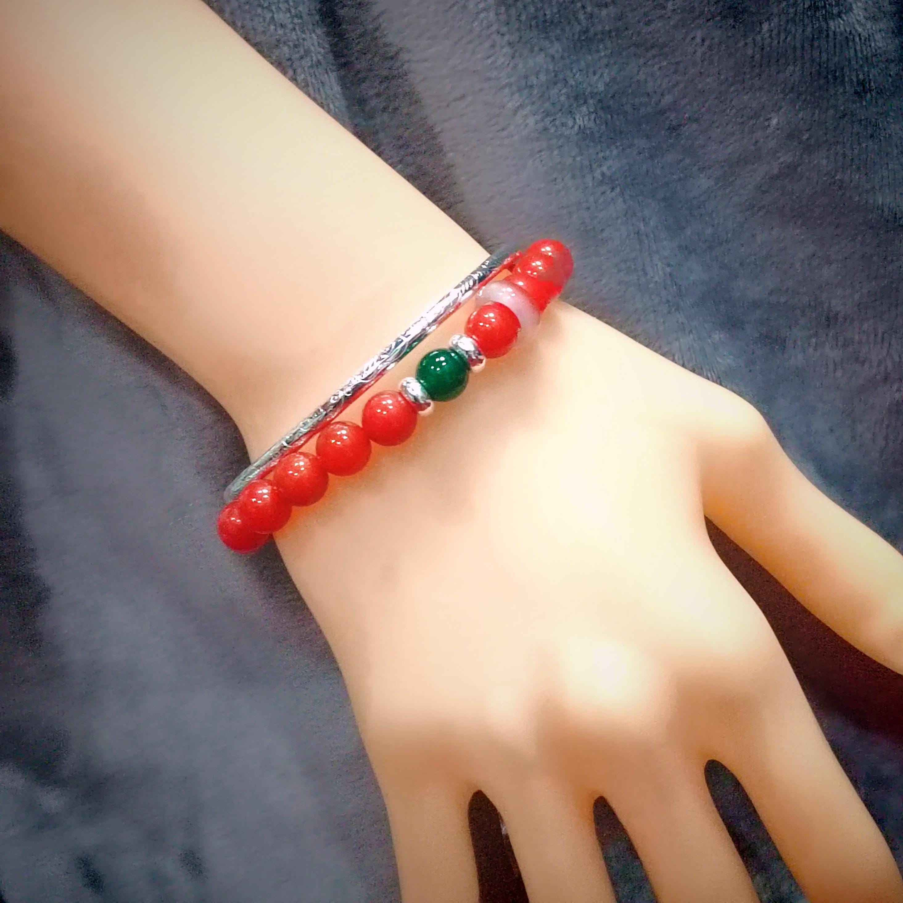 Natural Baoshan Nanhong Red Agate Bead Bracelet & Bangle Set | S9999 Pure Silver Bangle/Bead Green Agate | 4 Designs SL285 SL286 SL287 SL288