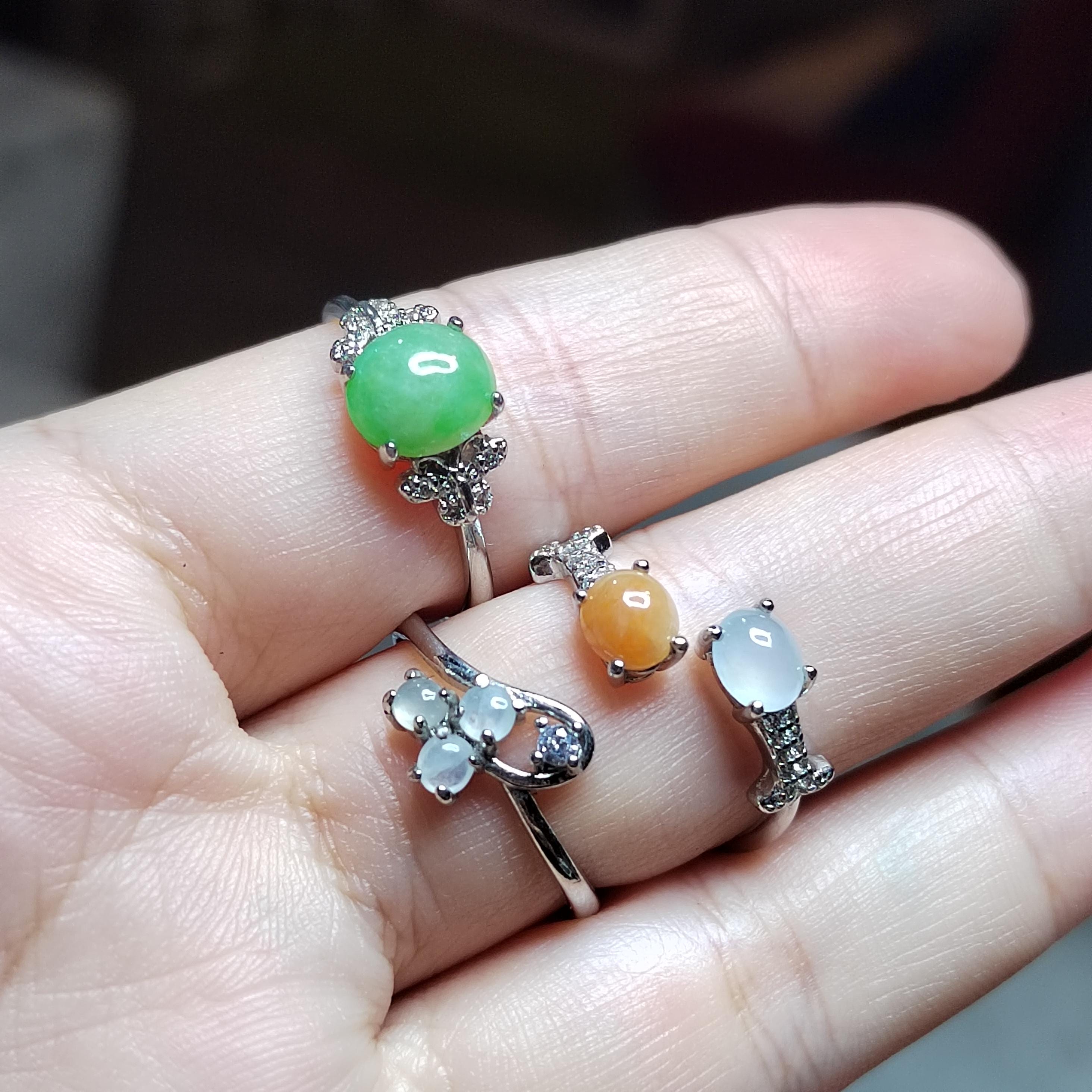 3pcs Set Natural Untreated Burmese Jadeite Rings | Imperial Green Orange Icy White | S925 Silver | Free Shipping SL407