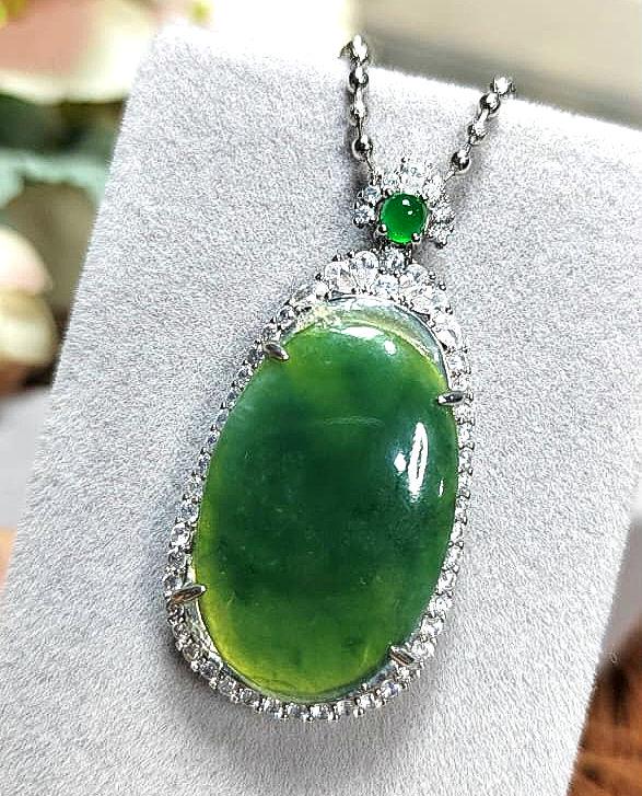 Certified Natural Burmese Necklace Dark Apple Green Jadeite with Zirconia Accents On 925 Silver Plated with 18K White Gold SL062 - SL Precious
