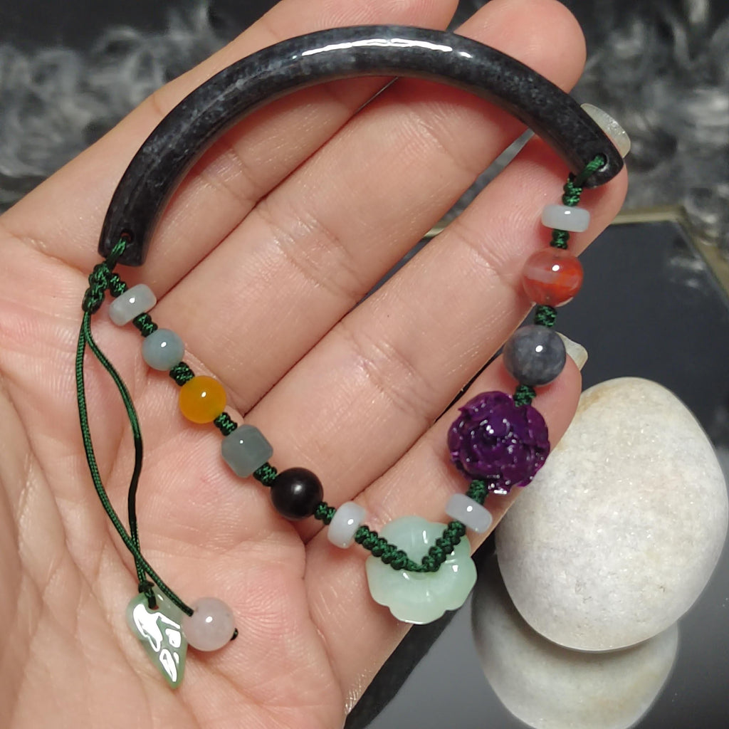 Certified A-Grade Natural Untreated Burmese Wuji Black Grey Half Bangle Bracelet | Nanhong Agate & Wax Amber Handmade Design SL289