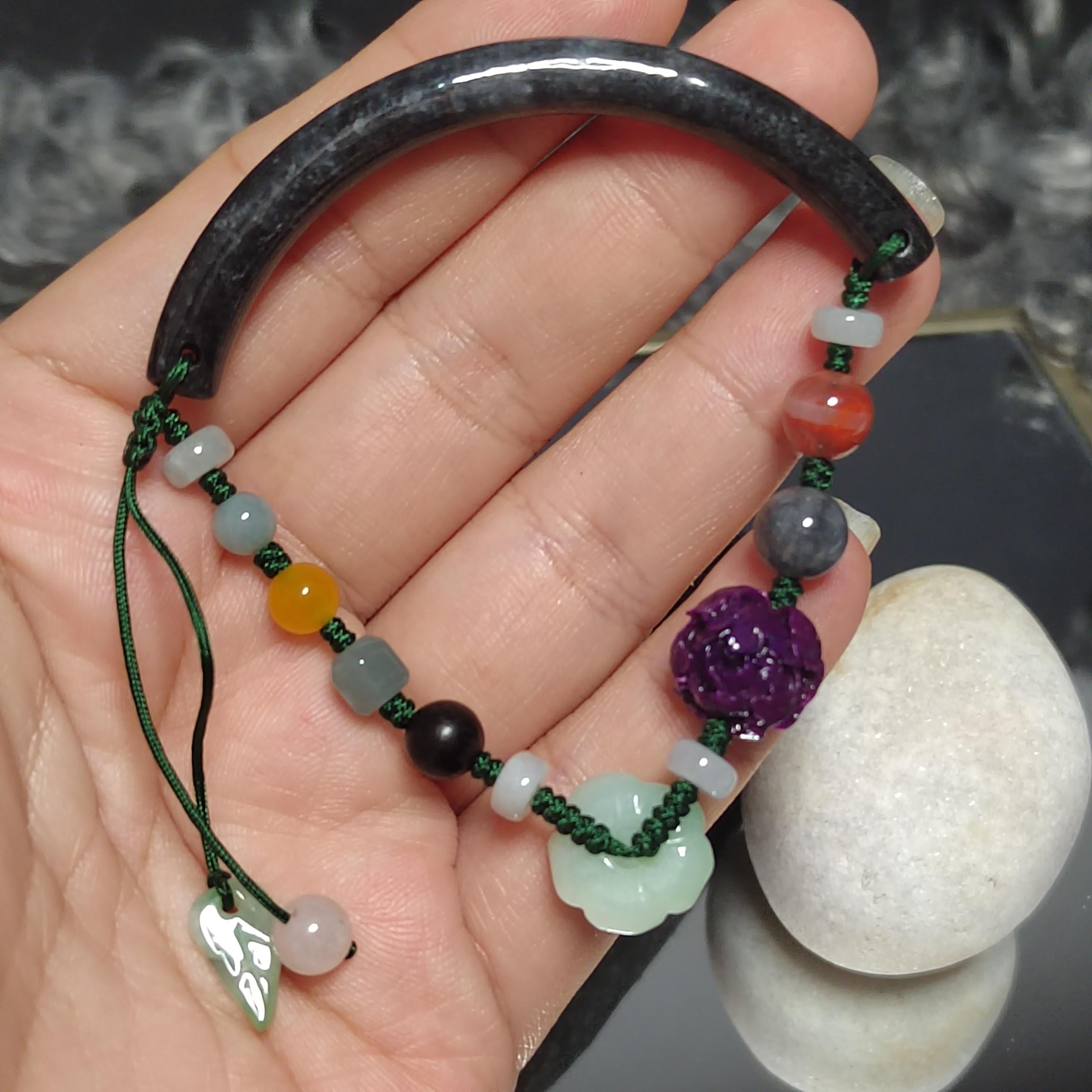Certified A-Grade Natural Untreated Burmese Wuji Black Grey Half Bangle Bracelet | Nanhong Agate & Wax Amber Handmade Design SL289