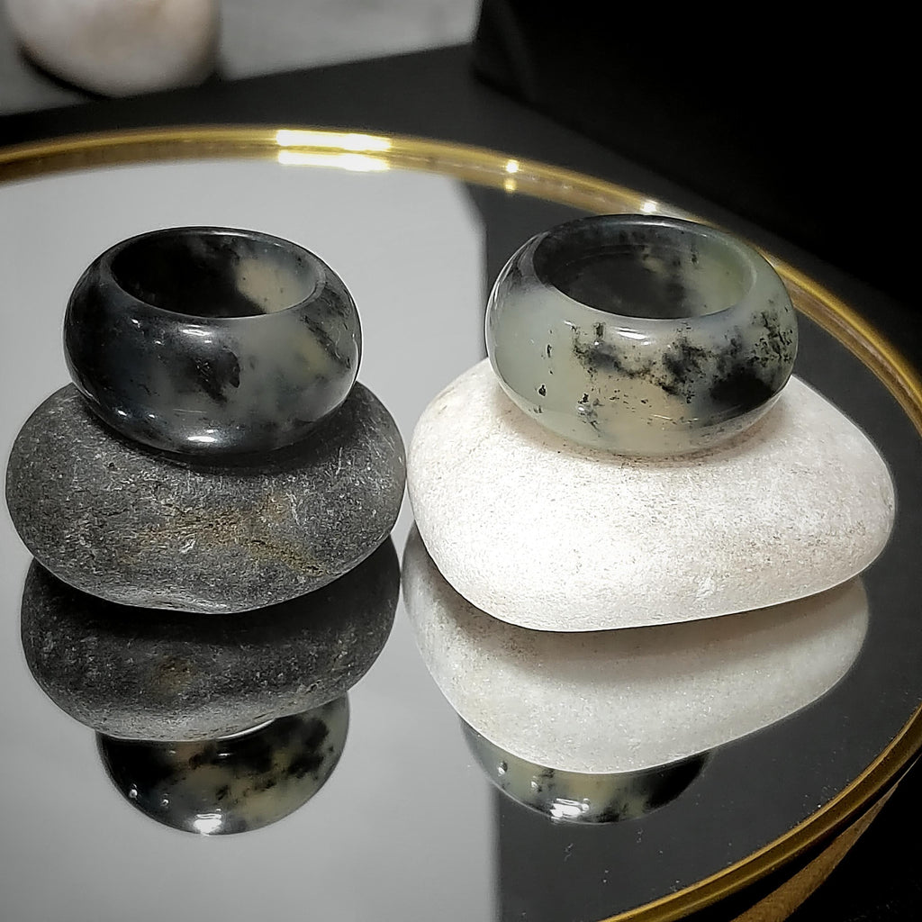 Natural Untreated China Xiuyu Ring |Thumb Ring | Round Cut | Beauty of Nature - Black & White Oil Painting Designs | Two Designs SL300 SL301 SL Precious