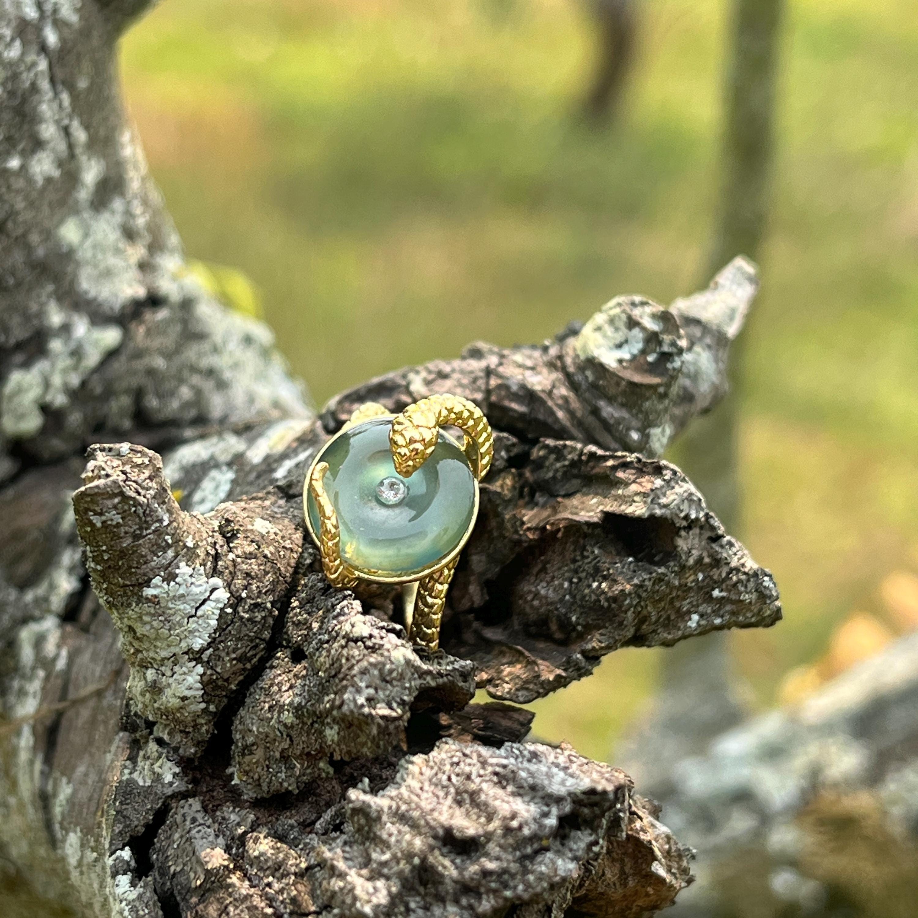 Certified Natural Untreated Guatemala Ocean Blue Donut Snake Jadeite 14k Gold Plated on S925 Sterling Silver Ring SL370x38
