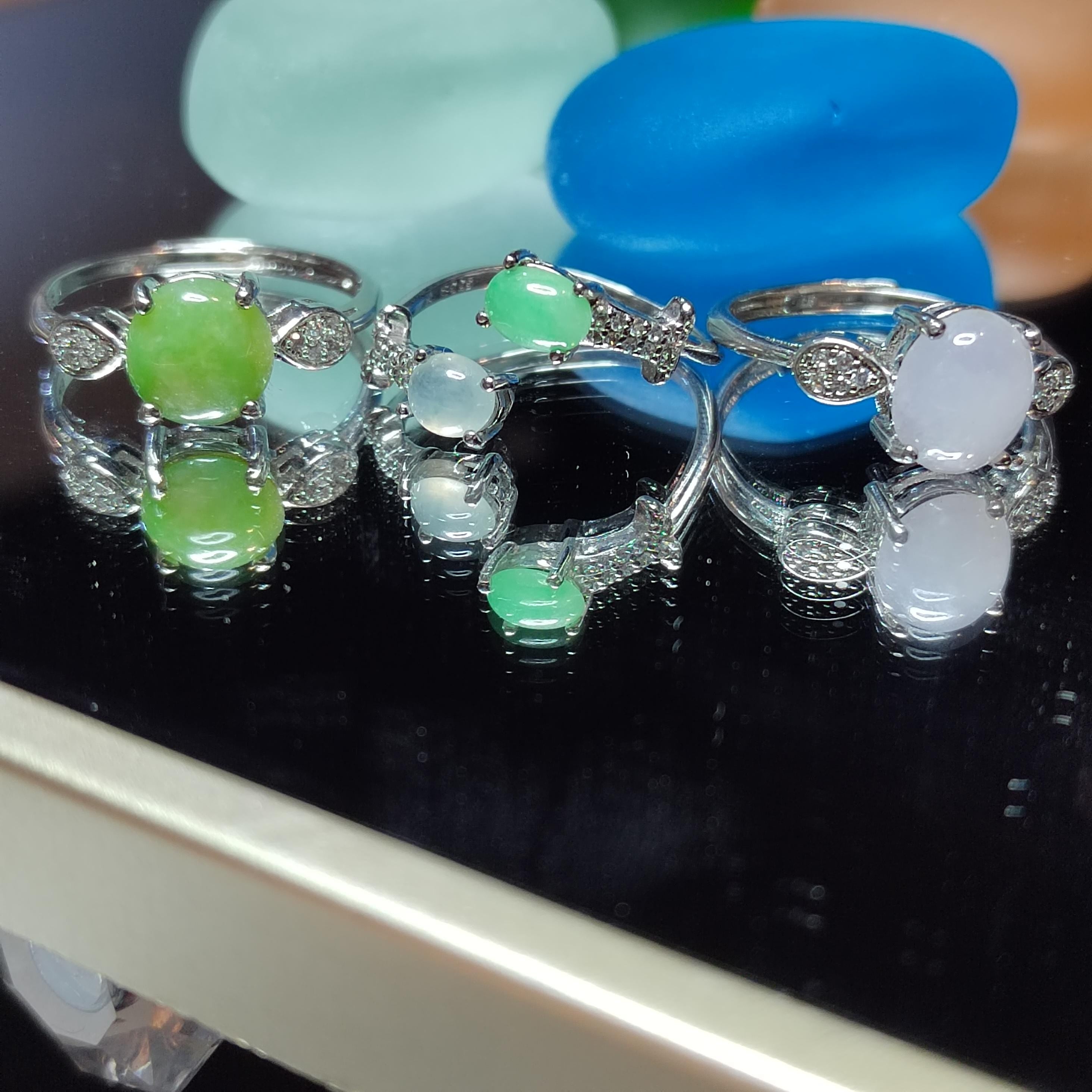 Burmese Jadeite Ring Set: Sterling Silver, Zircon Accents SL411