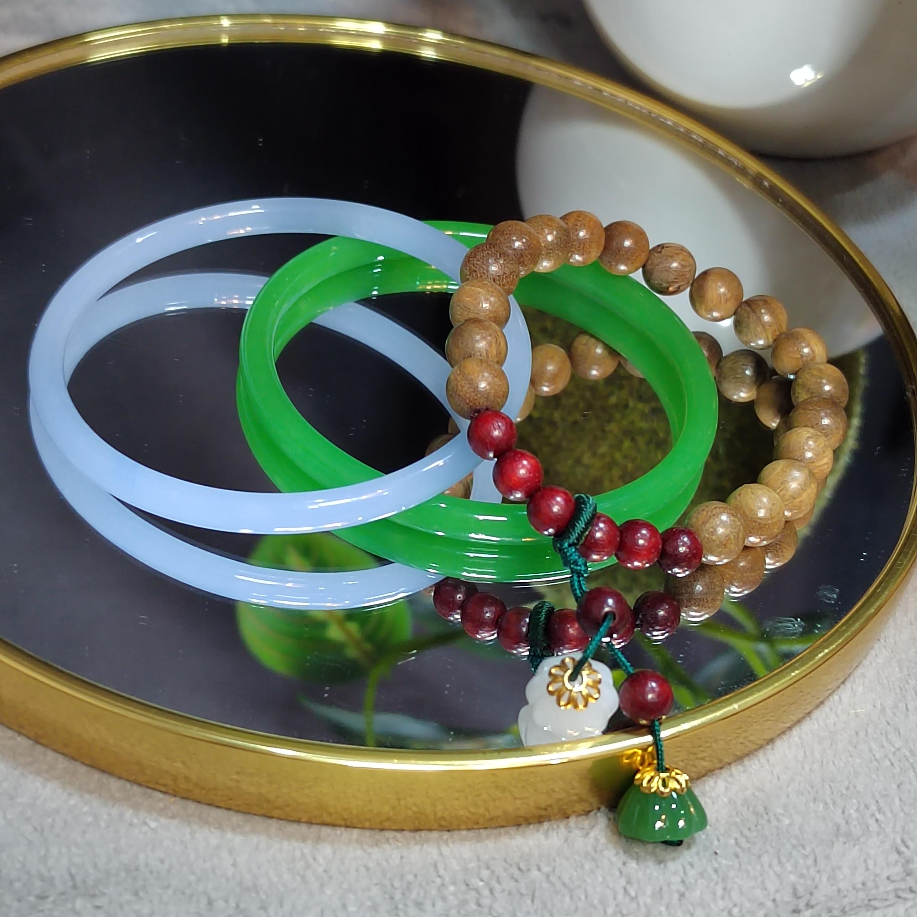 Agate Bangle Bracelet Set: Purple & Green Agate, Sandalwood Beads SL0450C