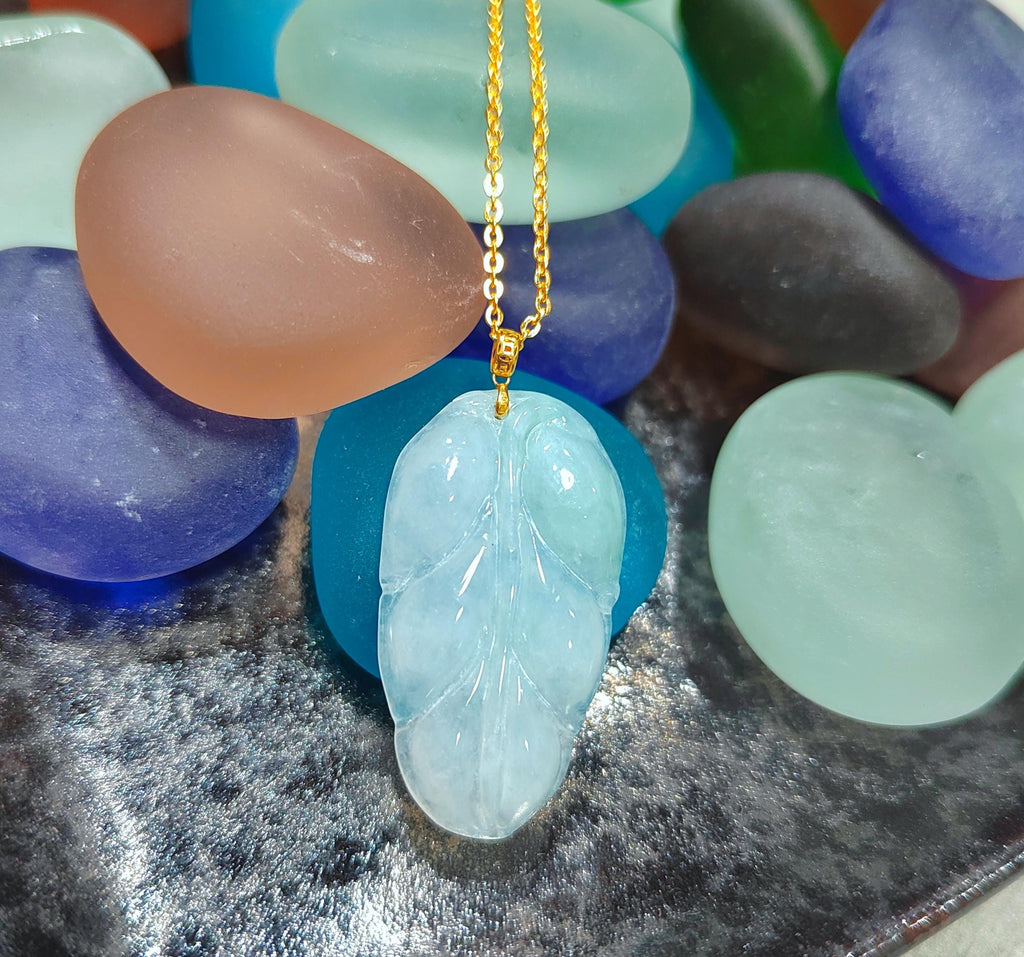 Certified Natural A-Grade Untreated Burmese Icy  Snow White| Green 雪花棉Leaf Jadeite Pendant | 18K Solid Gold Setting SL023 - SL Precious