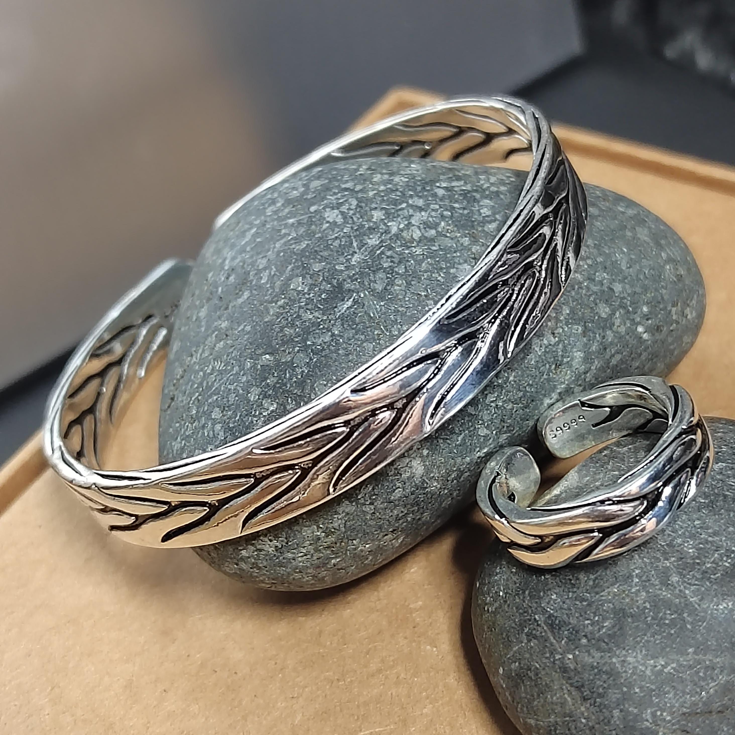 Elegant Unisex 2pcs S9999 Silver Filled Vermeil Ring & Bangle Set | Thai Trend Fashion Jewelry SL236