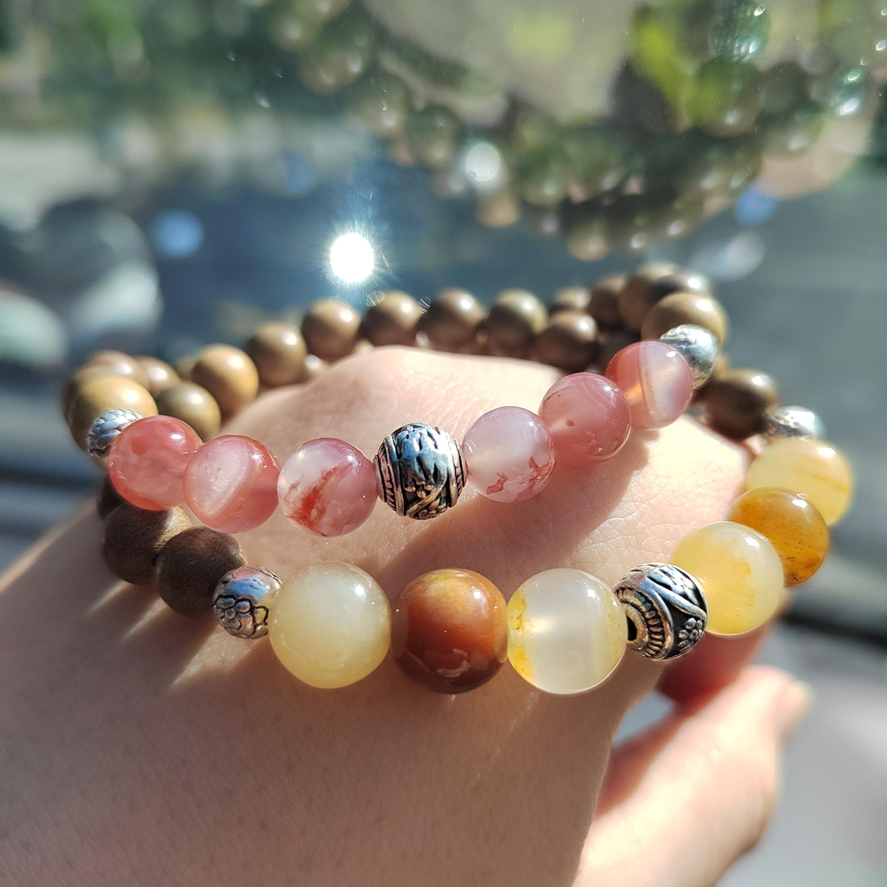 Nanhong Agate & Sandalwood Bracelet: 999 Silver Beads, Aromatherapy Jewelry SL403