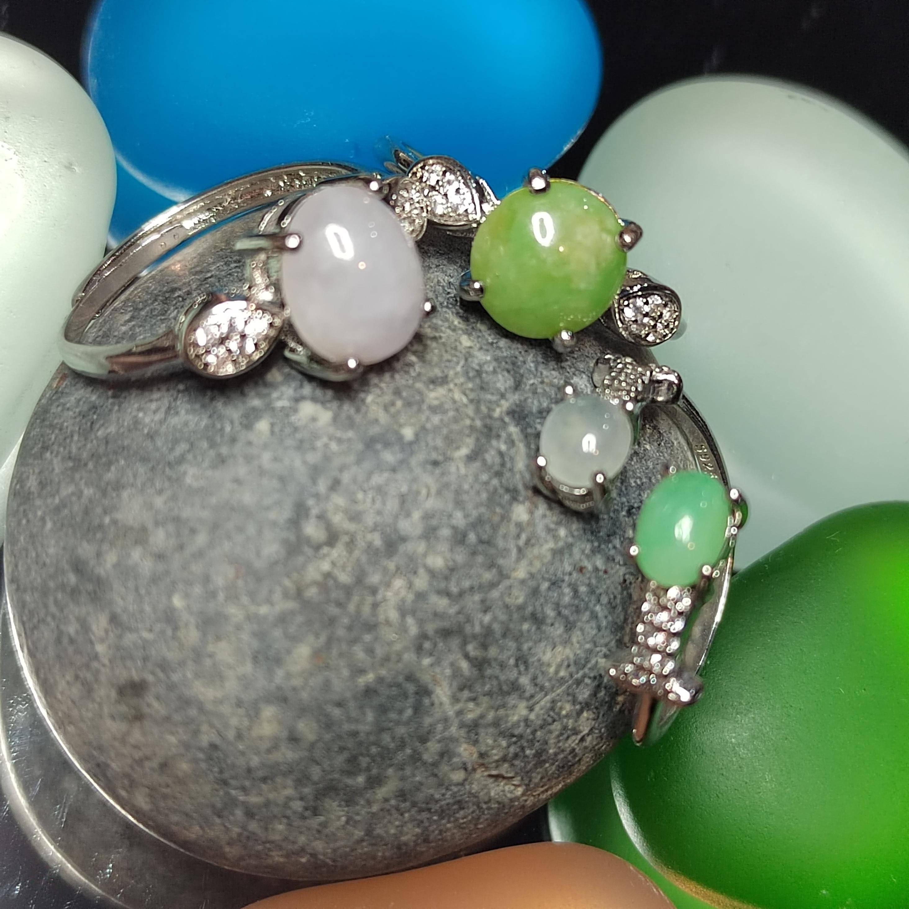 Burmese Jadeite Ring Set: Sterling Silver, Zircon Accents SL411