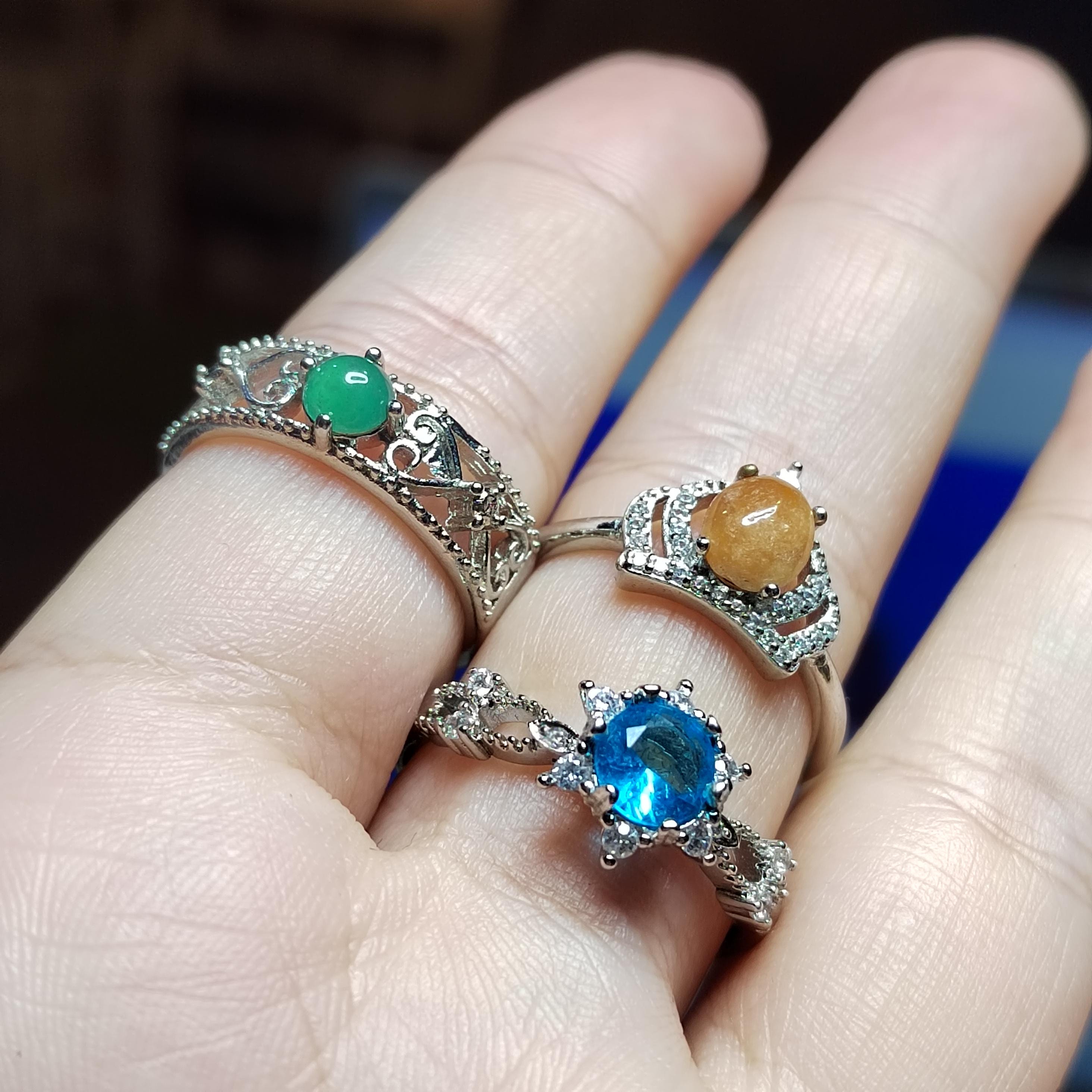 Natural Jadeite & Light Blue Topaz Ring Set | Yellow, Green, Sky Blue Stones | Gold Plated Brass | Gift Ready SL410 - SL Precious