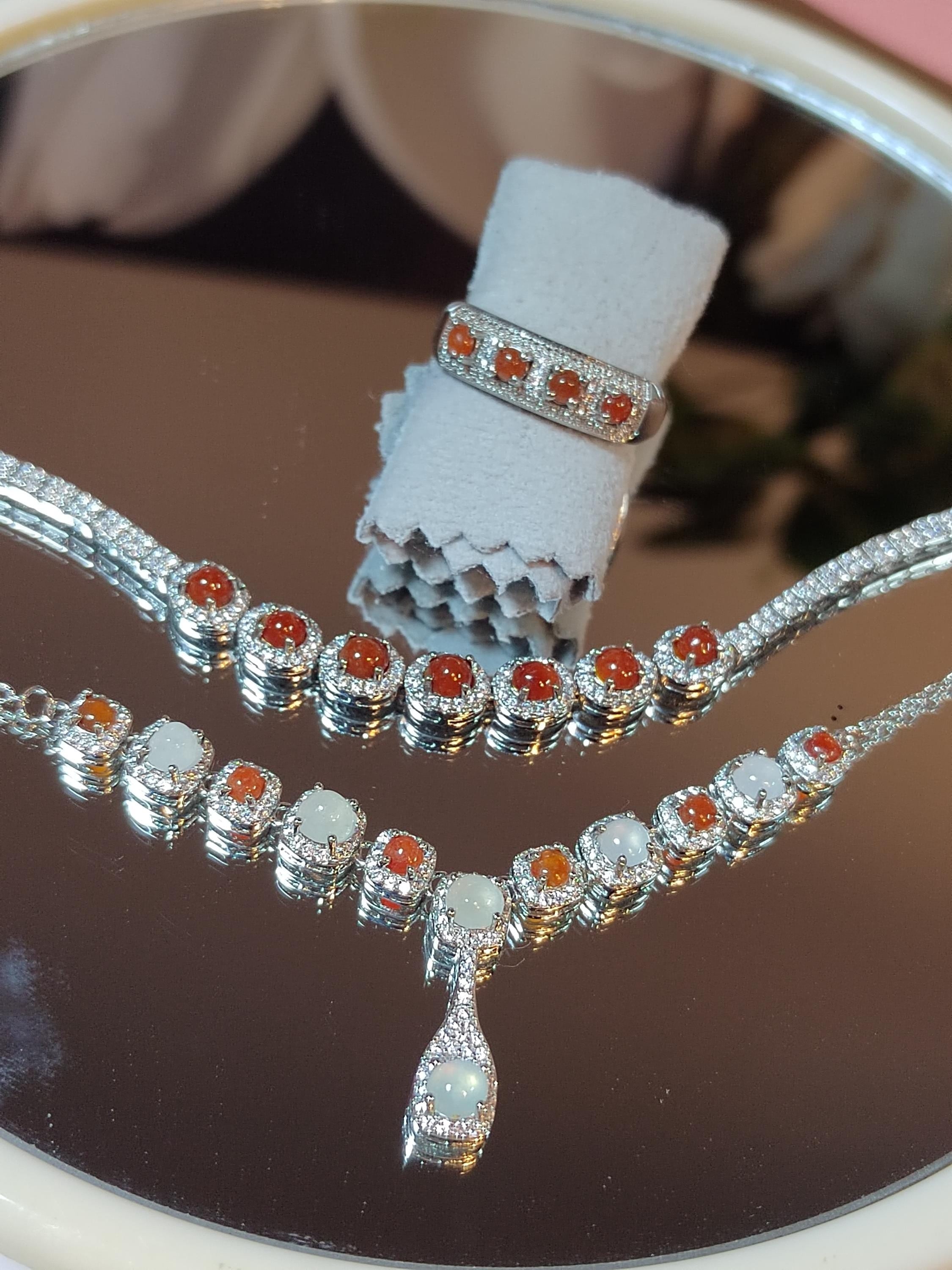 Women 3 pcs Set Necklaces, Bracelets, Ring  Elegant Burmese A Grade Red/white Icy Natural Jadeite Zirconia Stone S925 Silver For Her SL131 - SL Precious