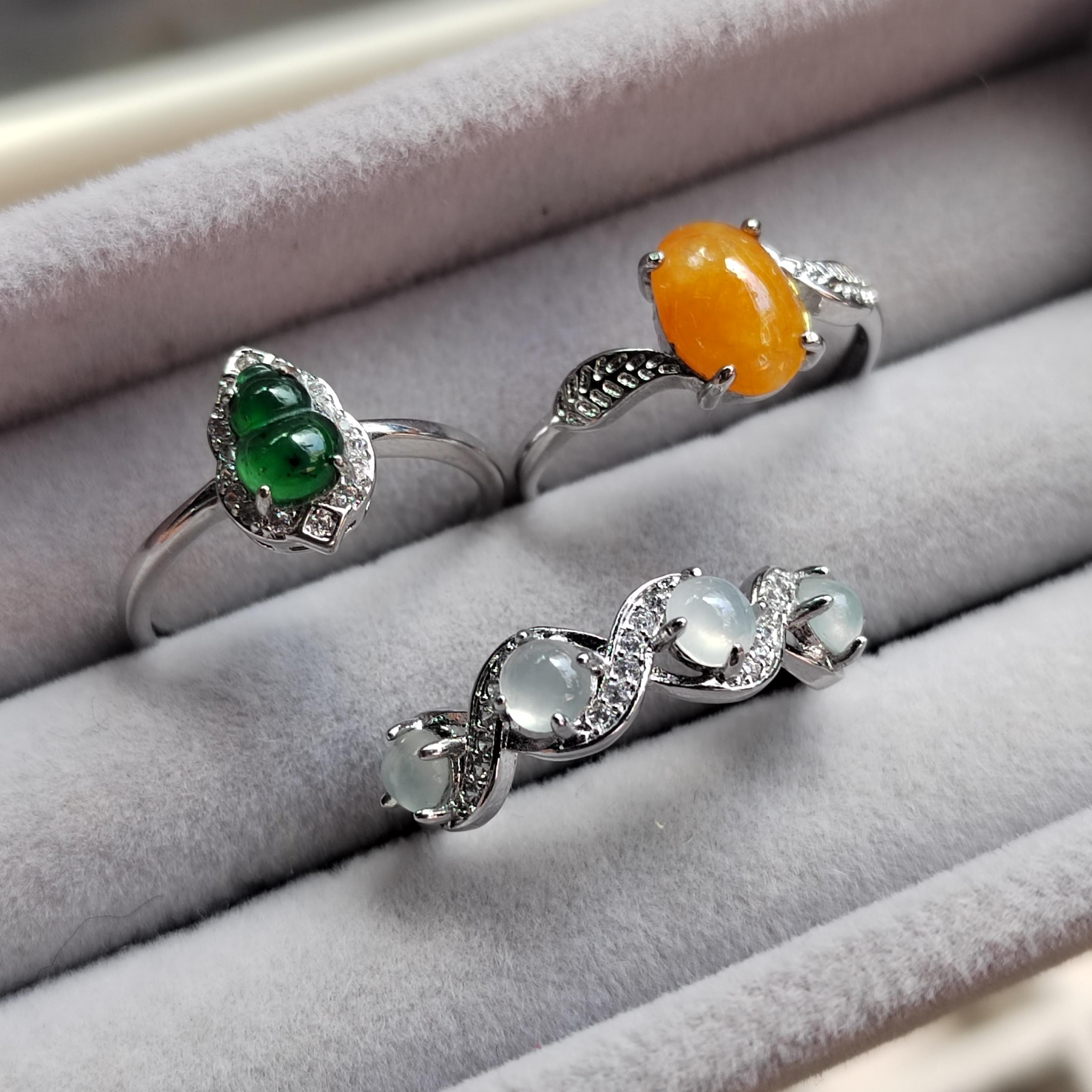3pcs Natural Untreated Burmese Jadeite Ring Set | Imperial Green, Honey Yellow, Icy White | S925 Silver | No Cert | SL406