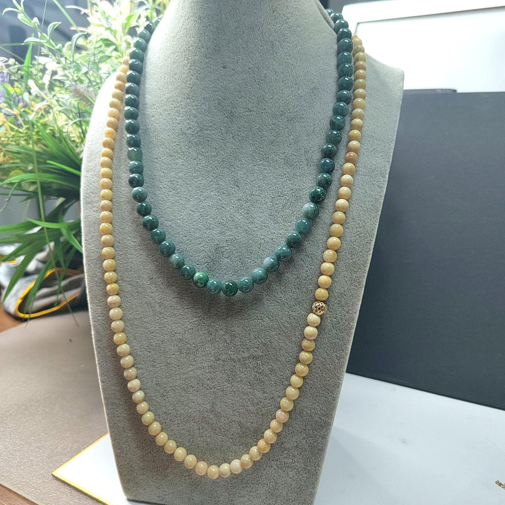 Certified A-Grade Natural Untreated Burmese Creamy Yellow Beads 77cm Long Jadeite Necklaces 7mm SL365A