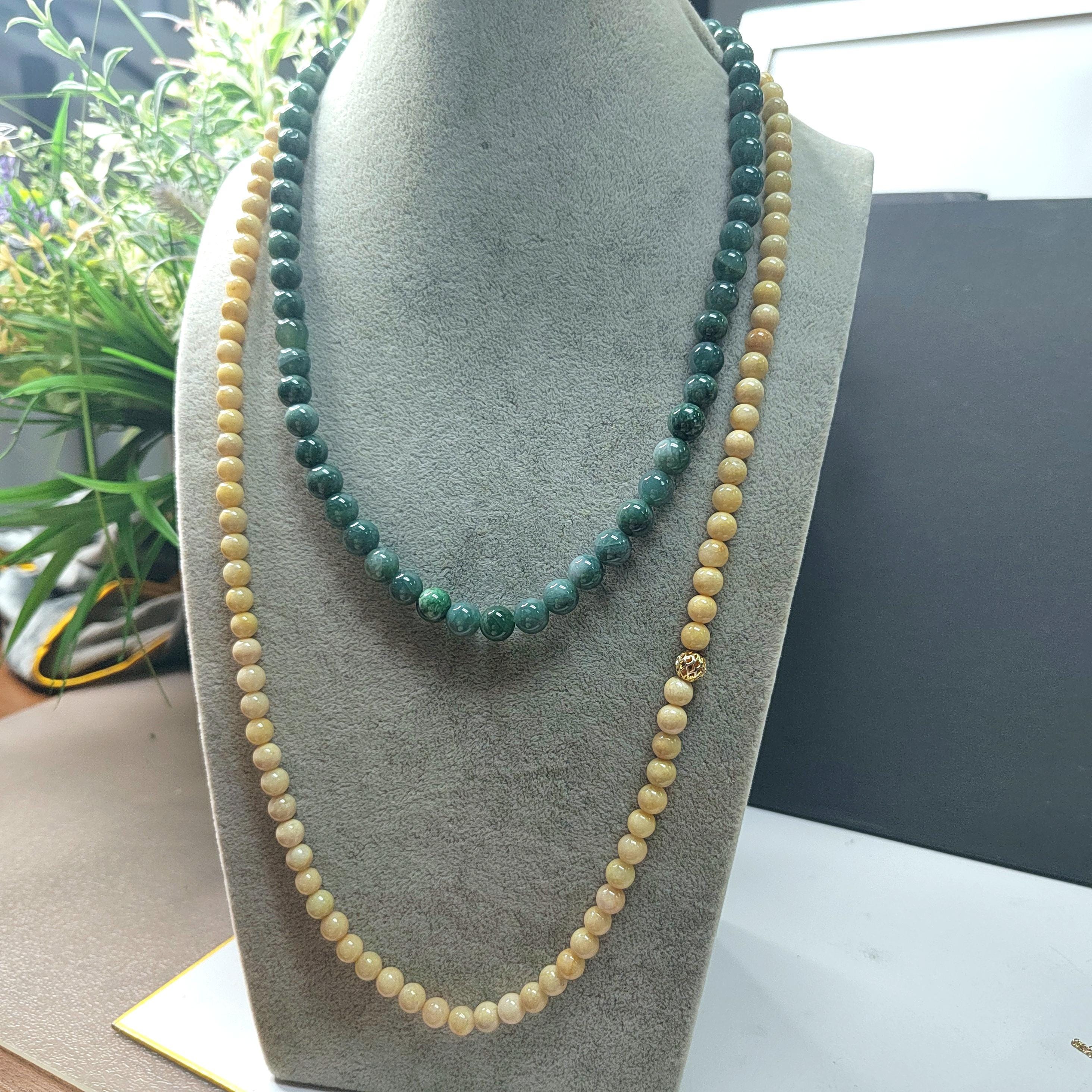 Certified A-Grade Natural Untreated Burmese Creamy Yellow Beads 77cm Long Jadeite Necklaces 7mm SL365A
