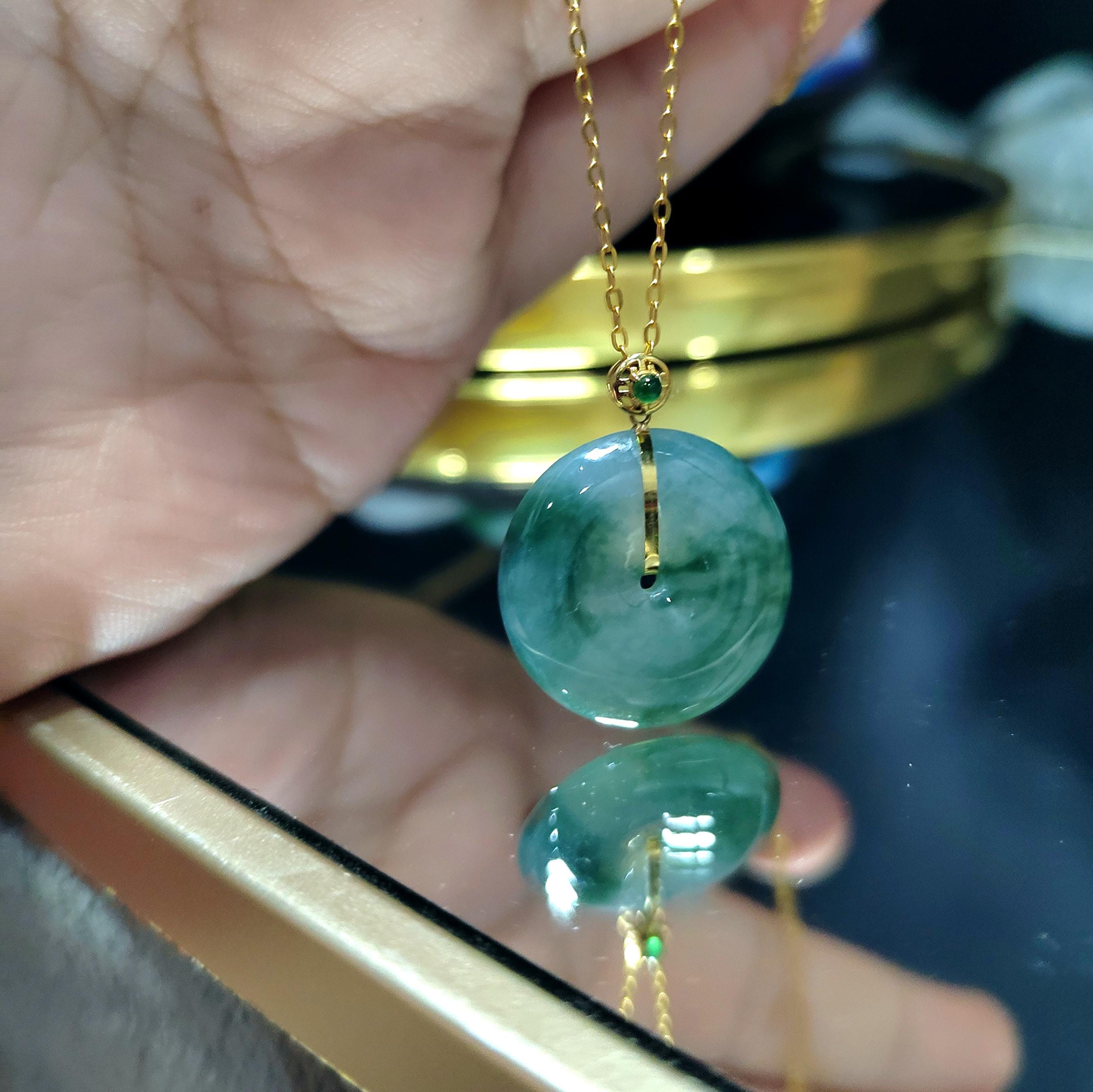 Certified A-Grade Natural Untreated Burmese Dynasty Design Icy Floral Green Donut Jadeite Pendant 冰飘花 G18K SL375
