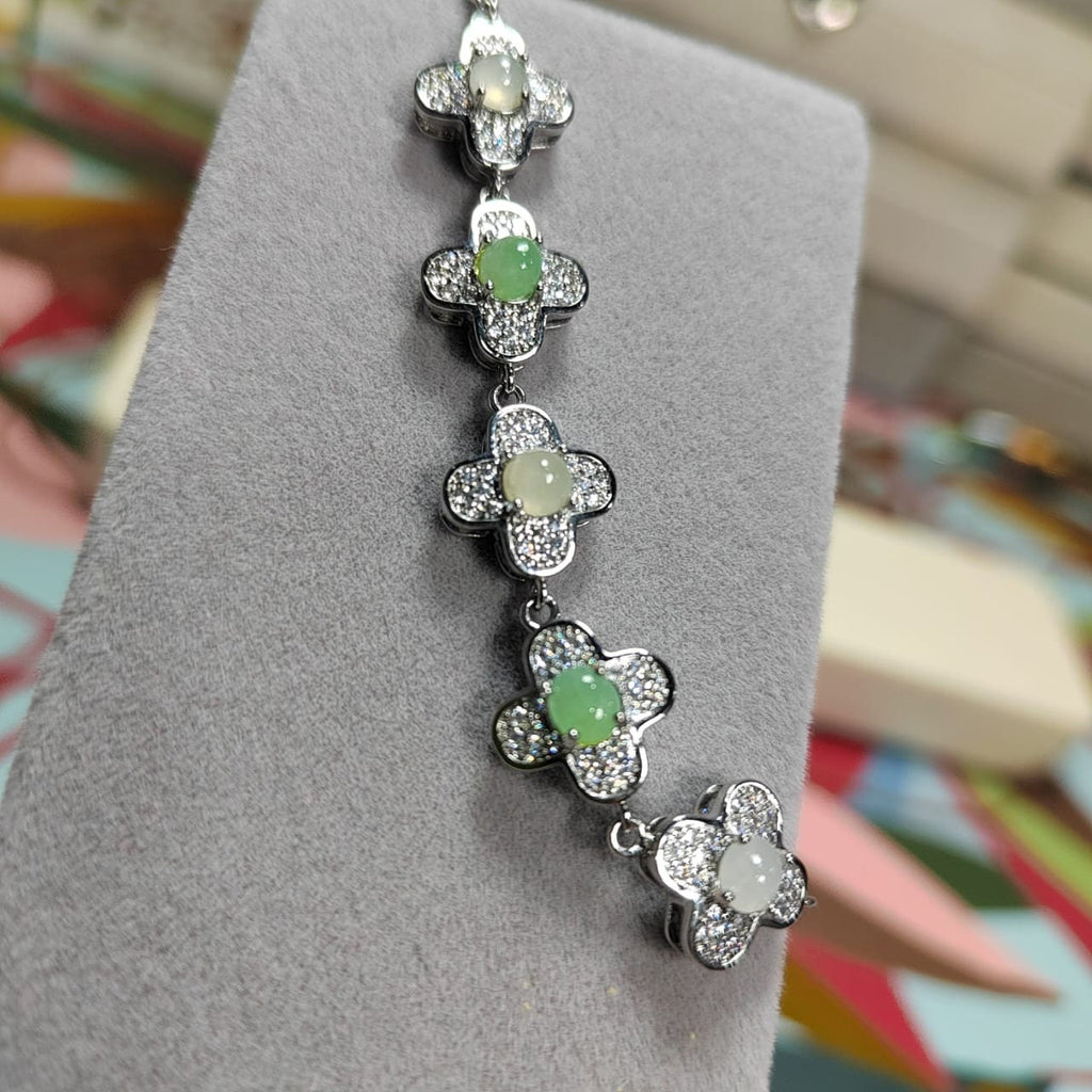 Certified A-Grade Lucky Flower Burmese Gemstone White/Apple Green Jadeite with Zirconia S925 Silver Bracelet | For Her Gifts,Occasions SL032 - SL Precious