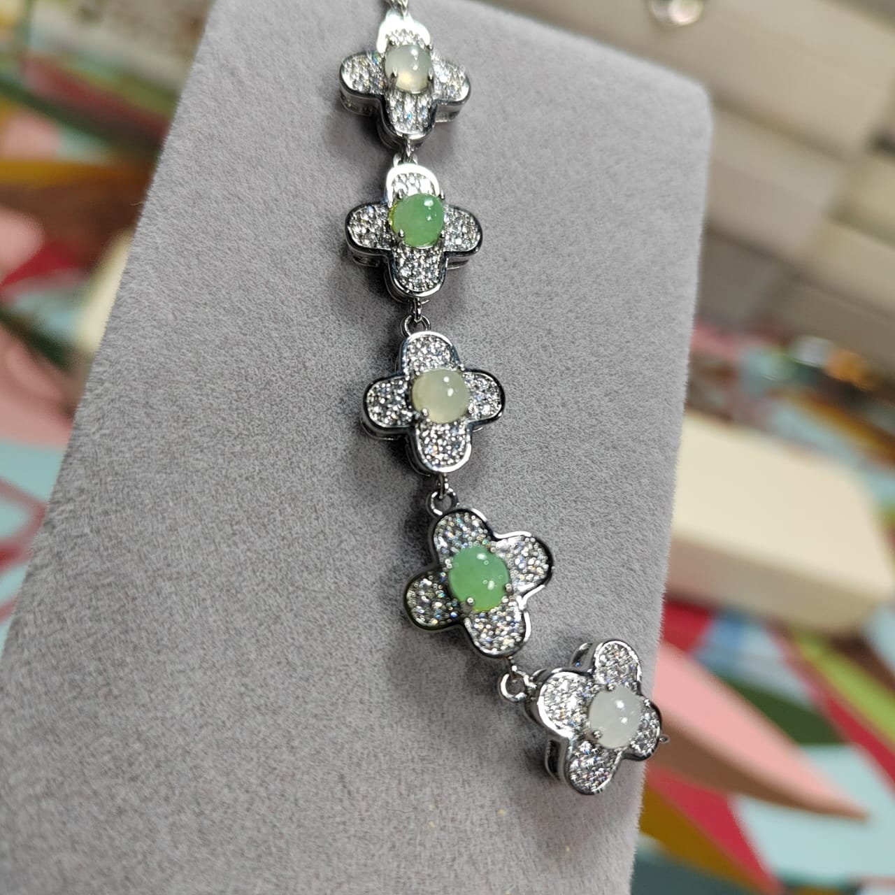 Certified A-Grade Lucky Flower Burmese Gemstone White/Apple Green Jadeite with Zirconia S925 Silver Bracelet | For Her Gifts,Occasions SL032