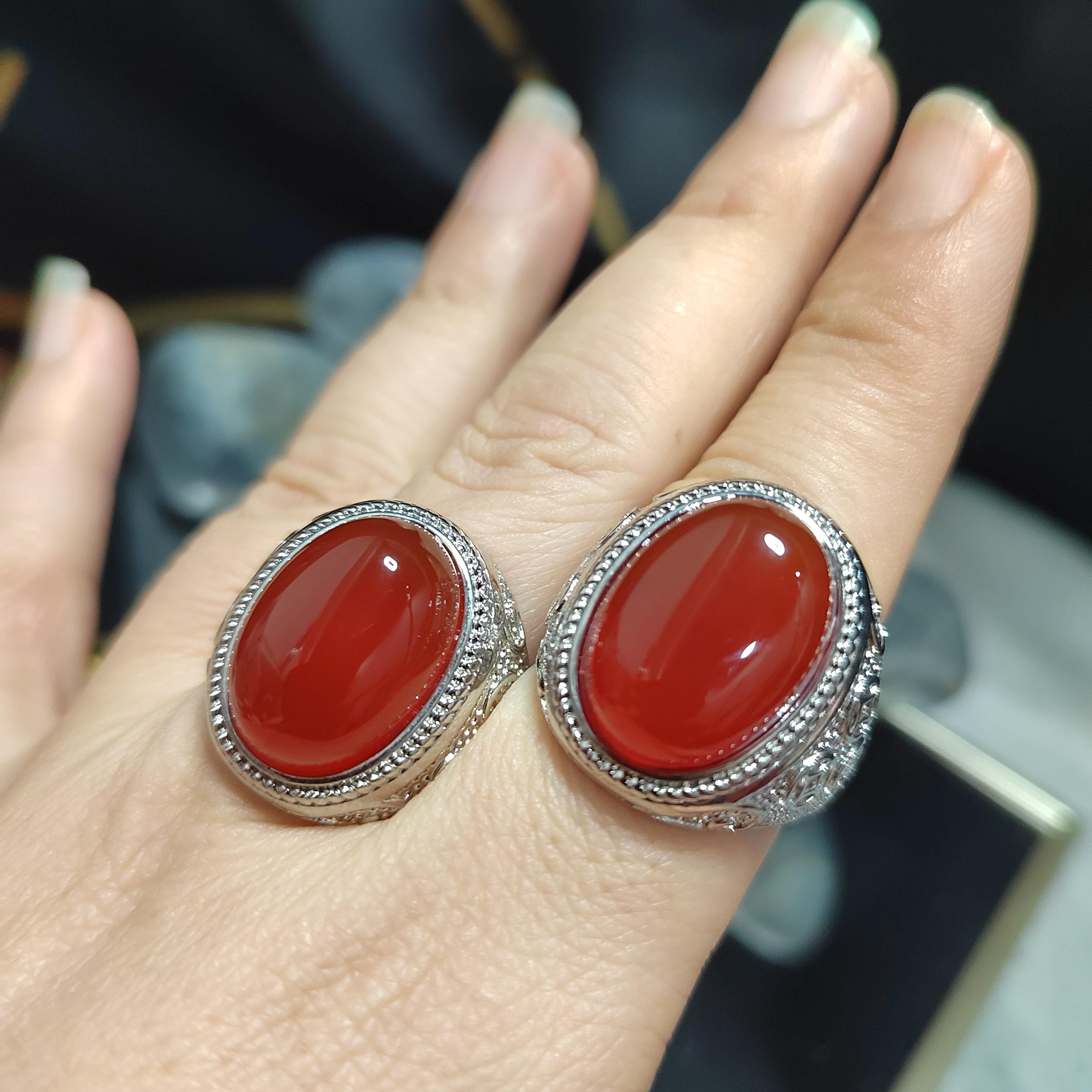 Natural Baoshan Nanhong Icy Red Agate Large Men’s Ring | Adjustable | Rare Collector’s Gemstone | 18K White Gold Plated SL361