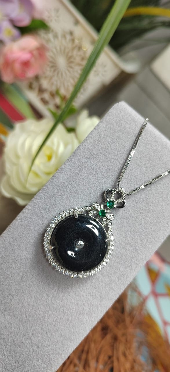 Certified A-Grade Necklace Natural Gemstone Untreated Black Ink Donut Shape Jadeite Zirconia Accents on 18K White Gold For Her Gifts SL059 - SL Precious